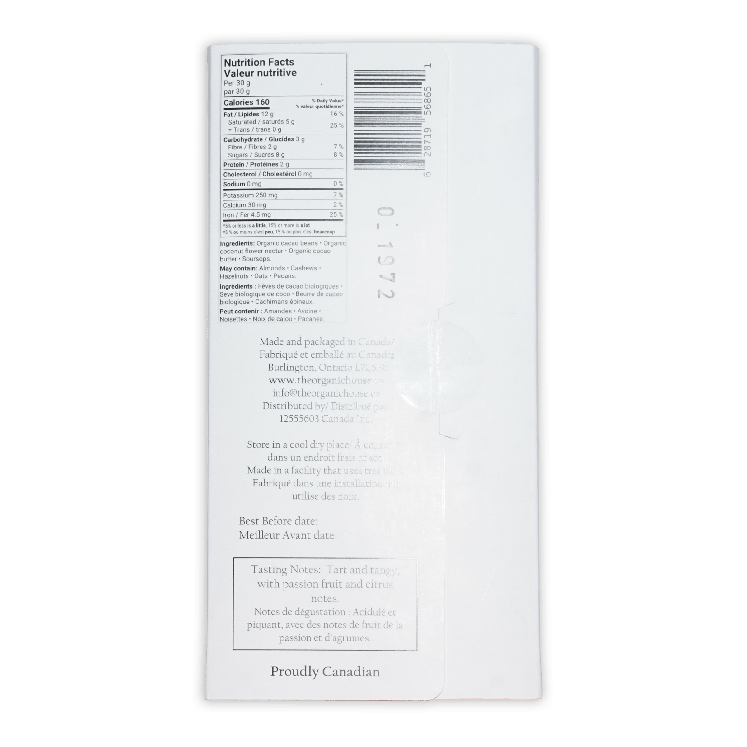 White rectangular package of the organic house nature’s candy soursop dark 70% cacao bars back with nutrition and ingredients