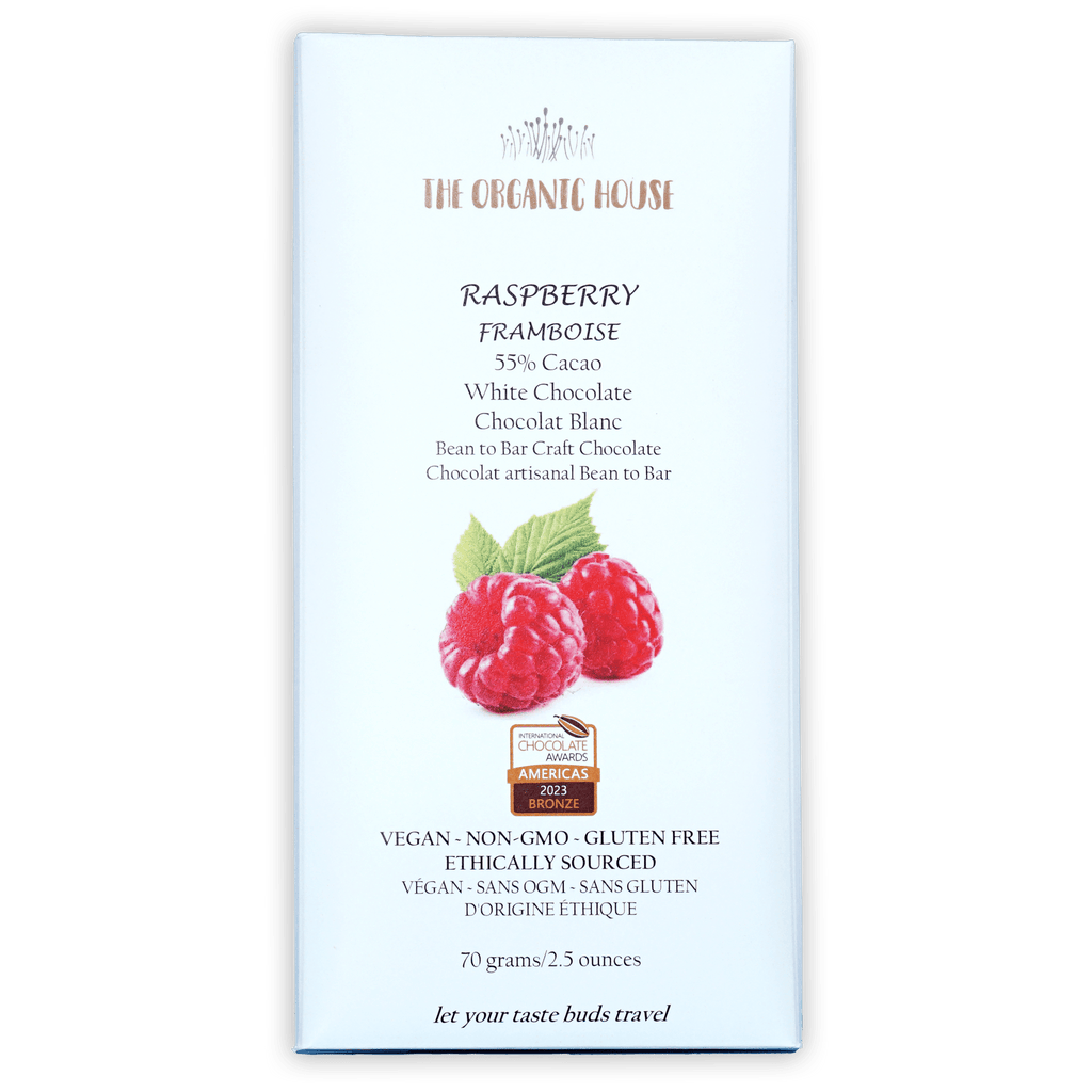 The Organic House Raspberry White Chocolate 55% bar wrapper