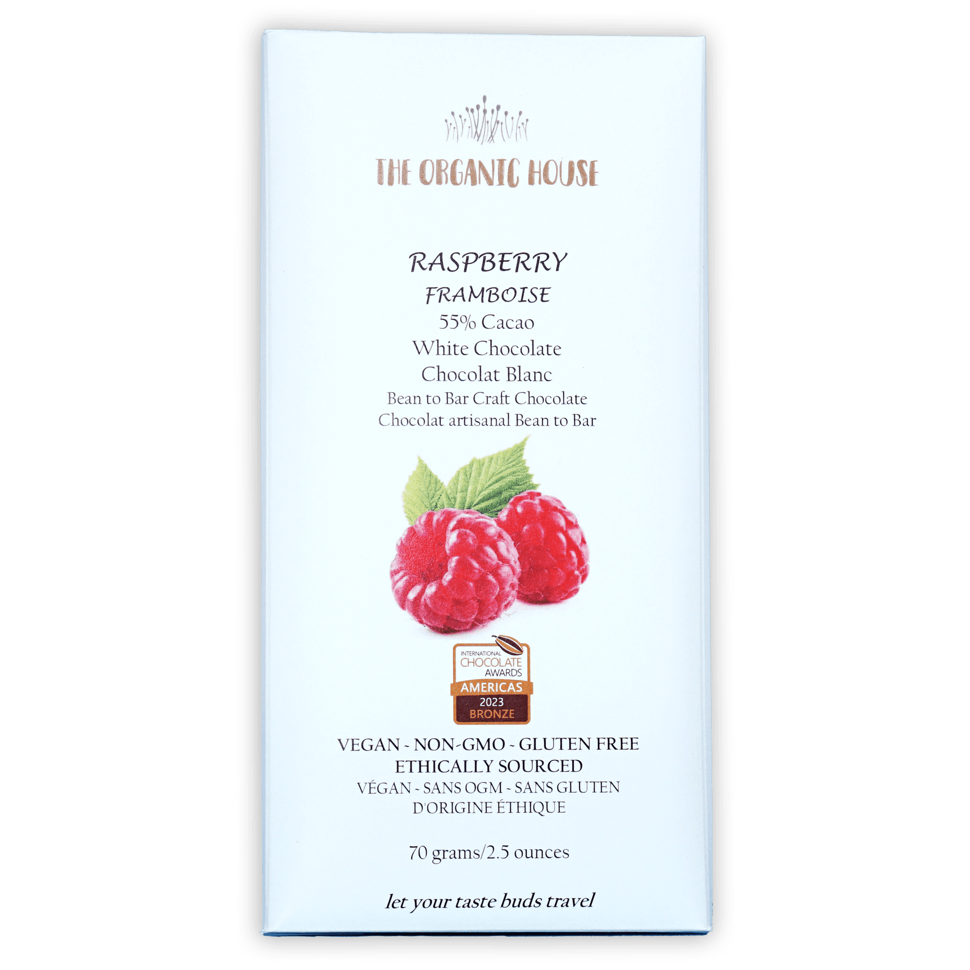 The Organic House Raspberry White Chocolate 55% bar wrapper