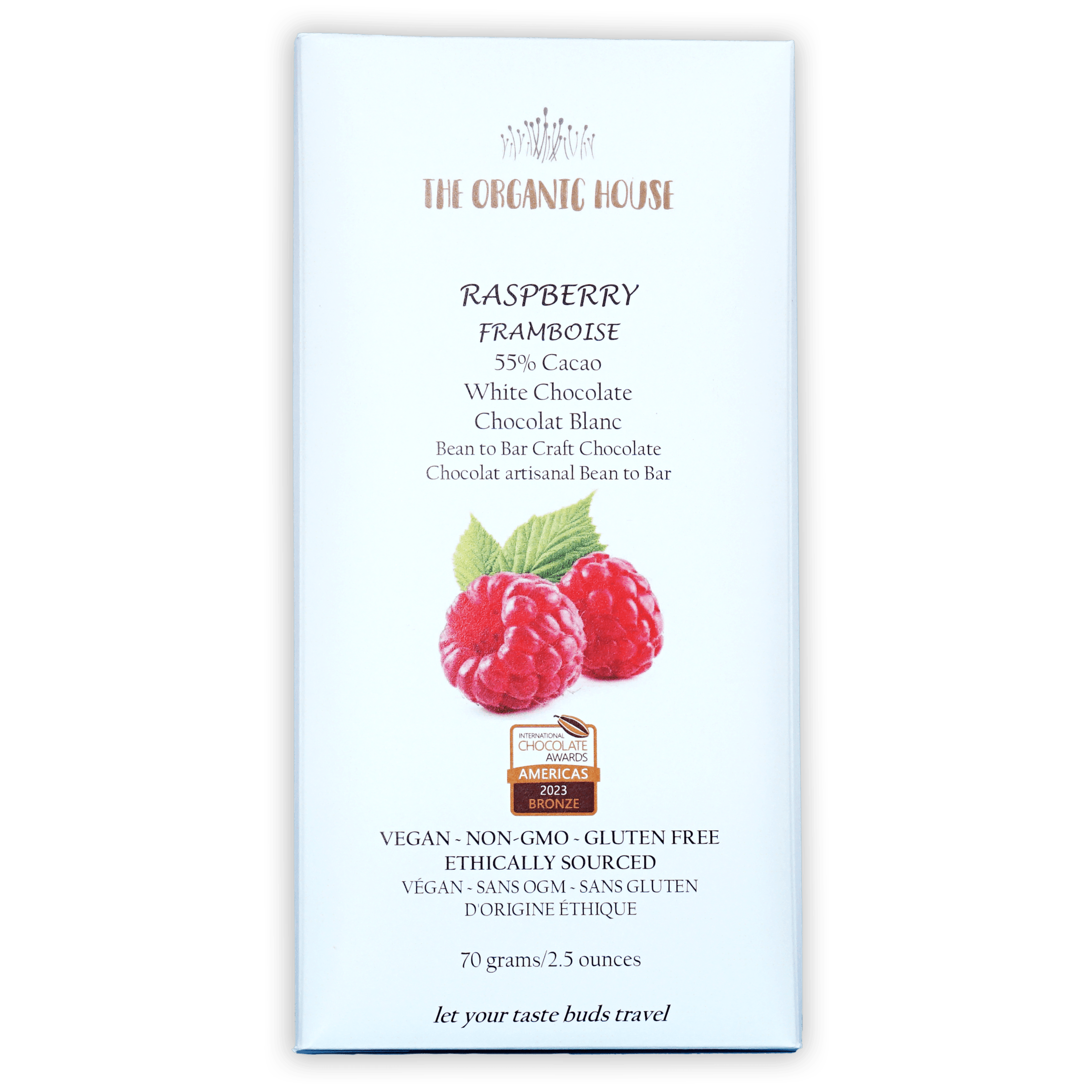 The Organic House Raspberry White Chocolate 55% bar wrapper
