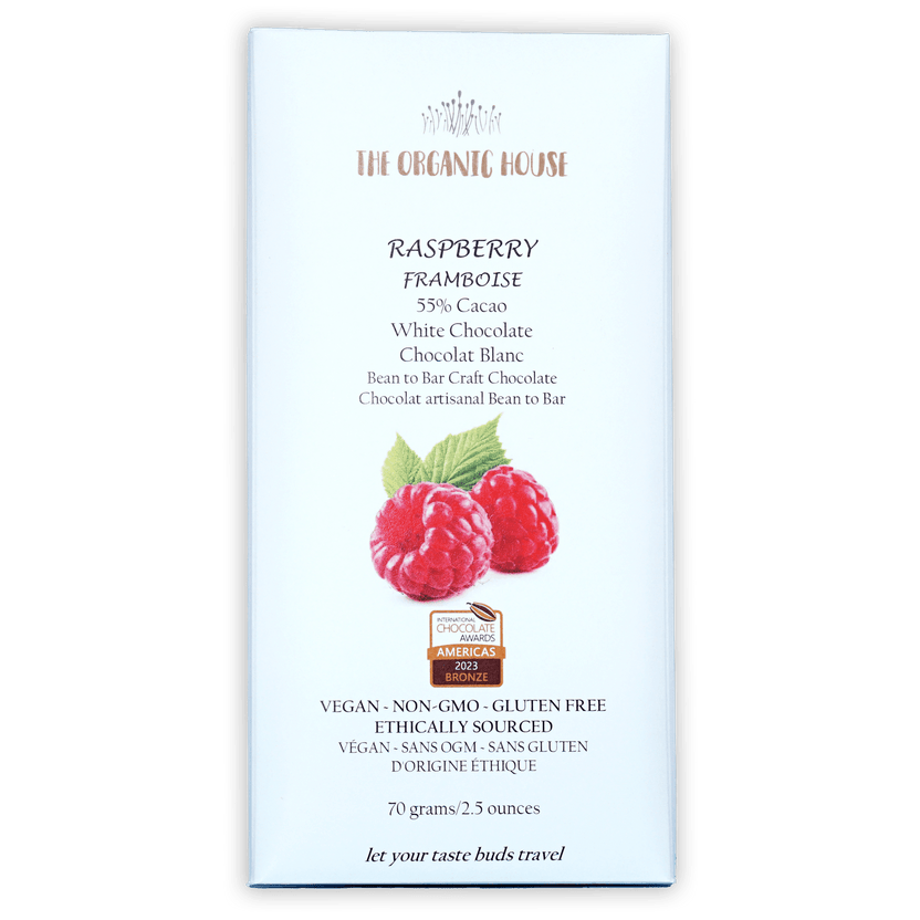 The Organic House Raspberry White Chocolate 55% bar wrapper