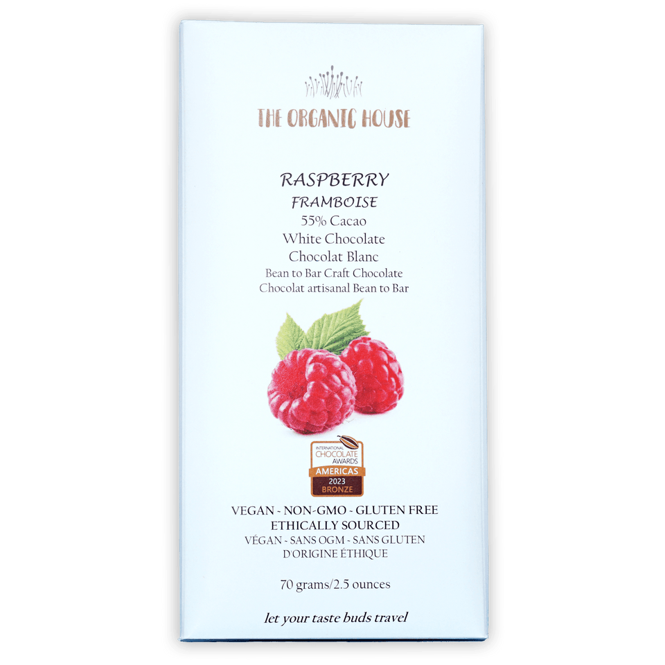 The Organic House Raspberry White Chocolate 55% bar wrapper