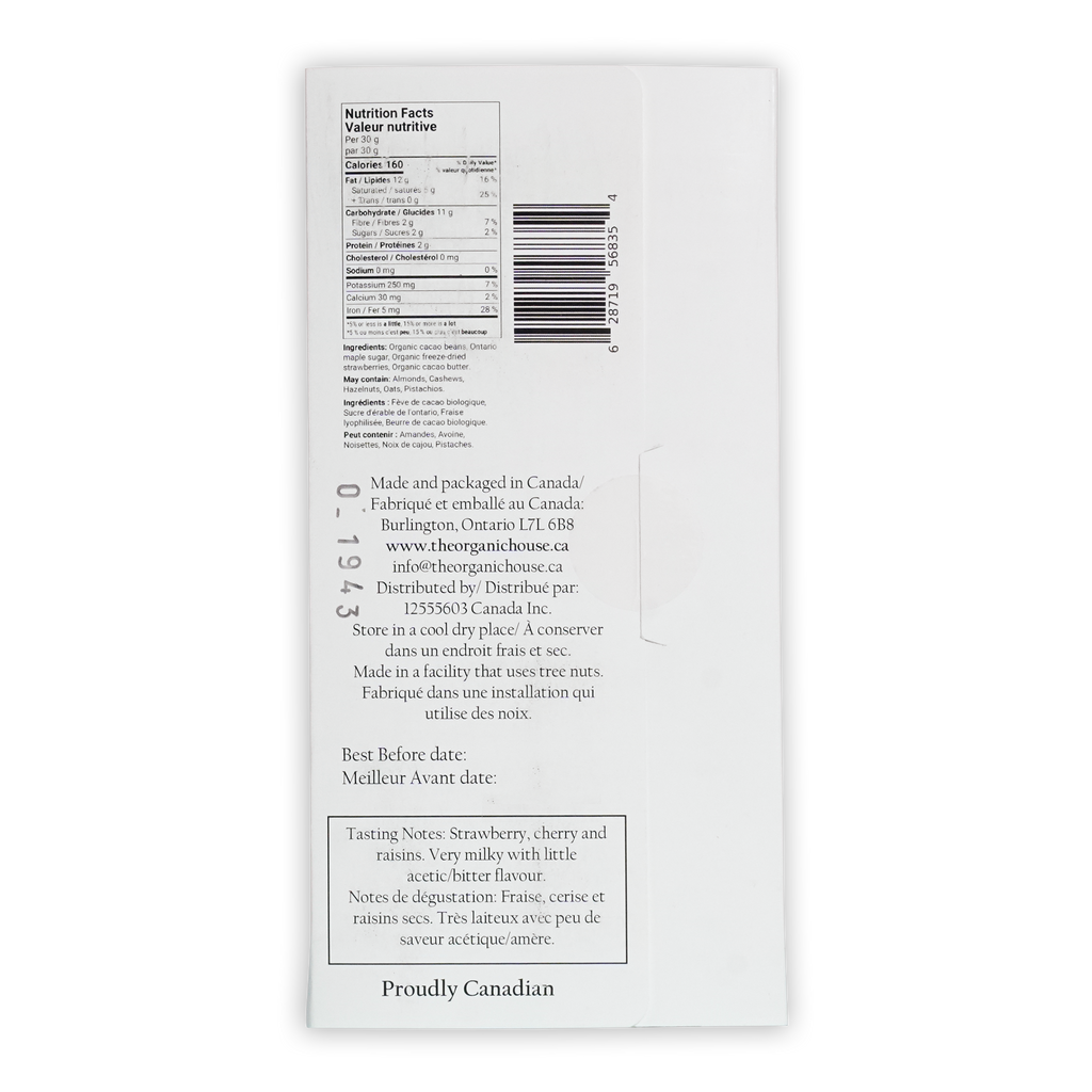 White rectangular package of organic canadian strawberry dark madagascar chocolate bars with black text and barcode back side