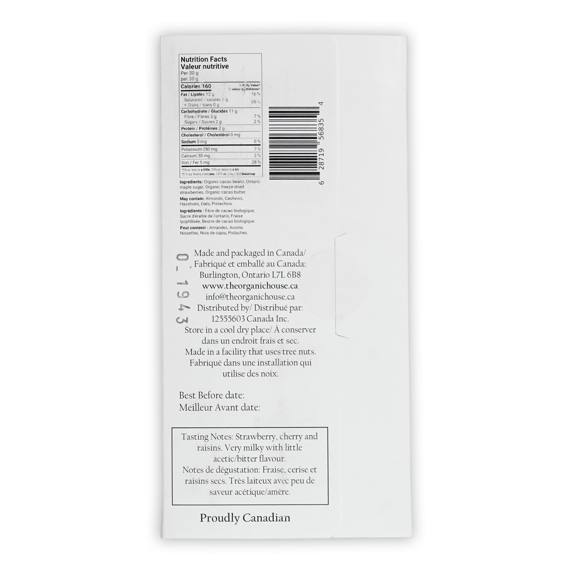White rectangular package of organic canadian strawberry dark madagascar chocolate bars with black text and barcode back side