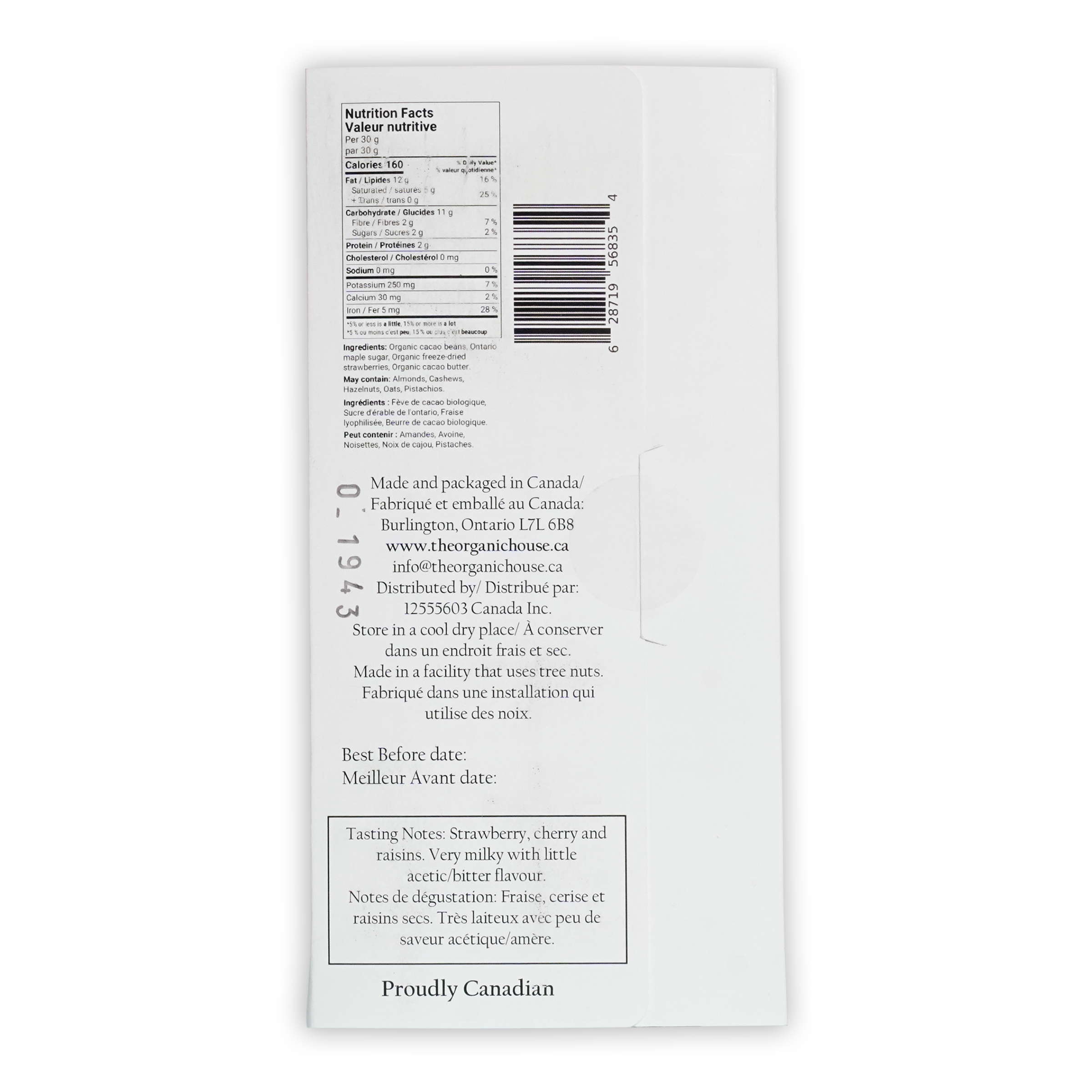 White rectangular package of organic canadian strawberry dark madagascar chocolate bars with black text and barcode back side