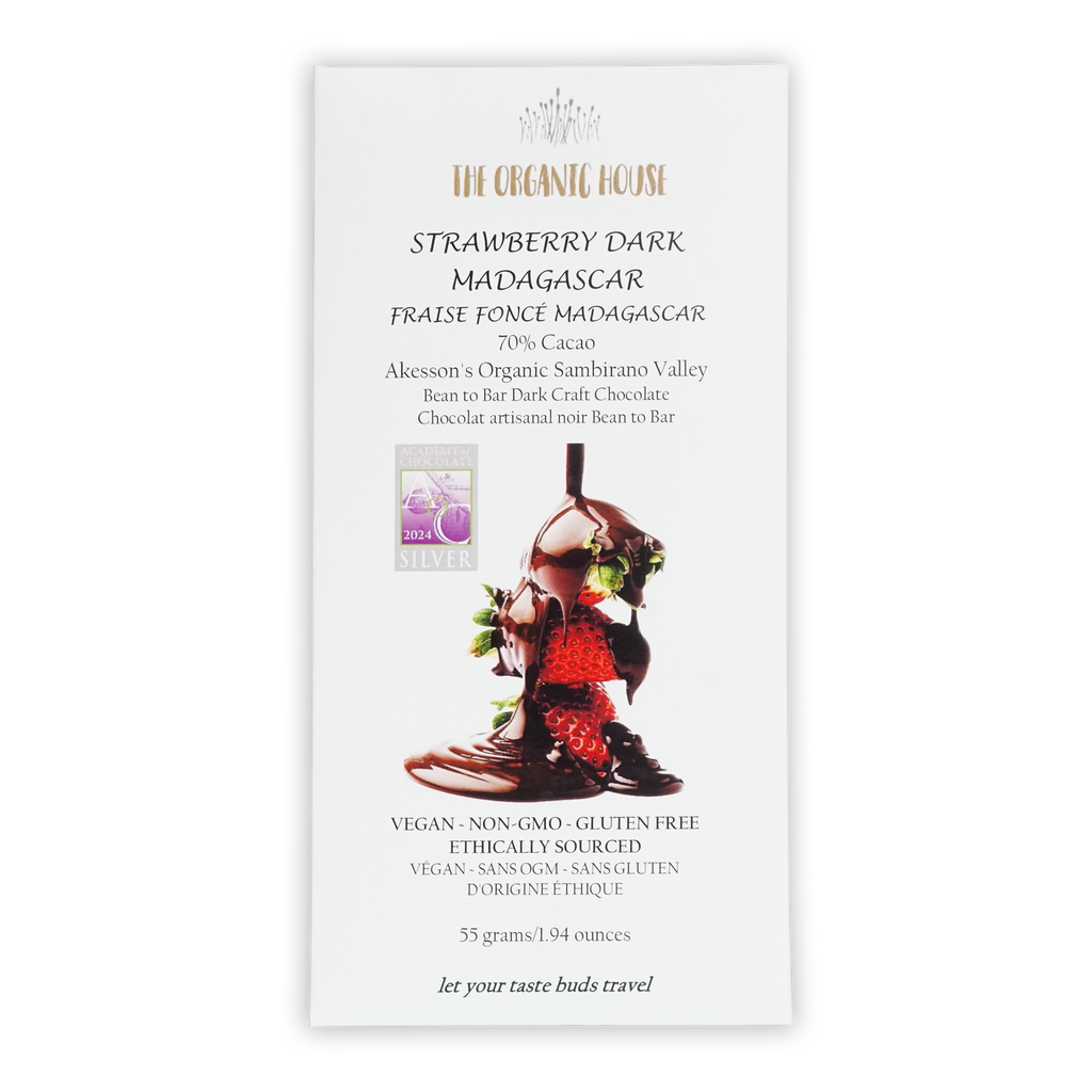 White rectangular wrapper for the organic house strawberry dark madagascar chocolate bar with strawberries and green leaves