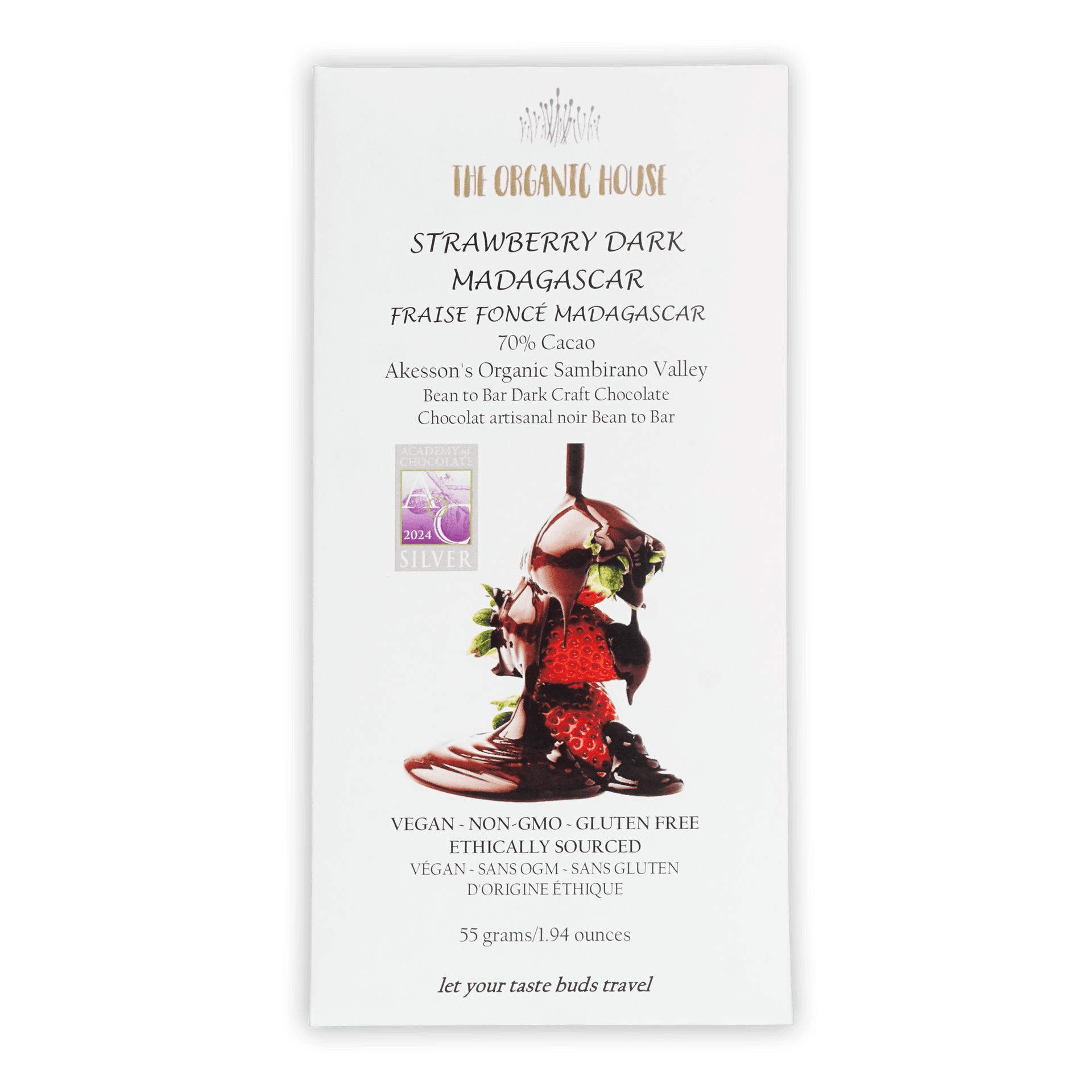 White rectangular wrapper for the organic house strawberry dark madagascar chocolate bar with strawberries and green leaves