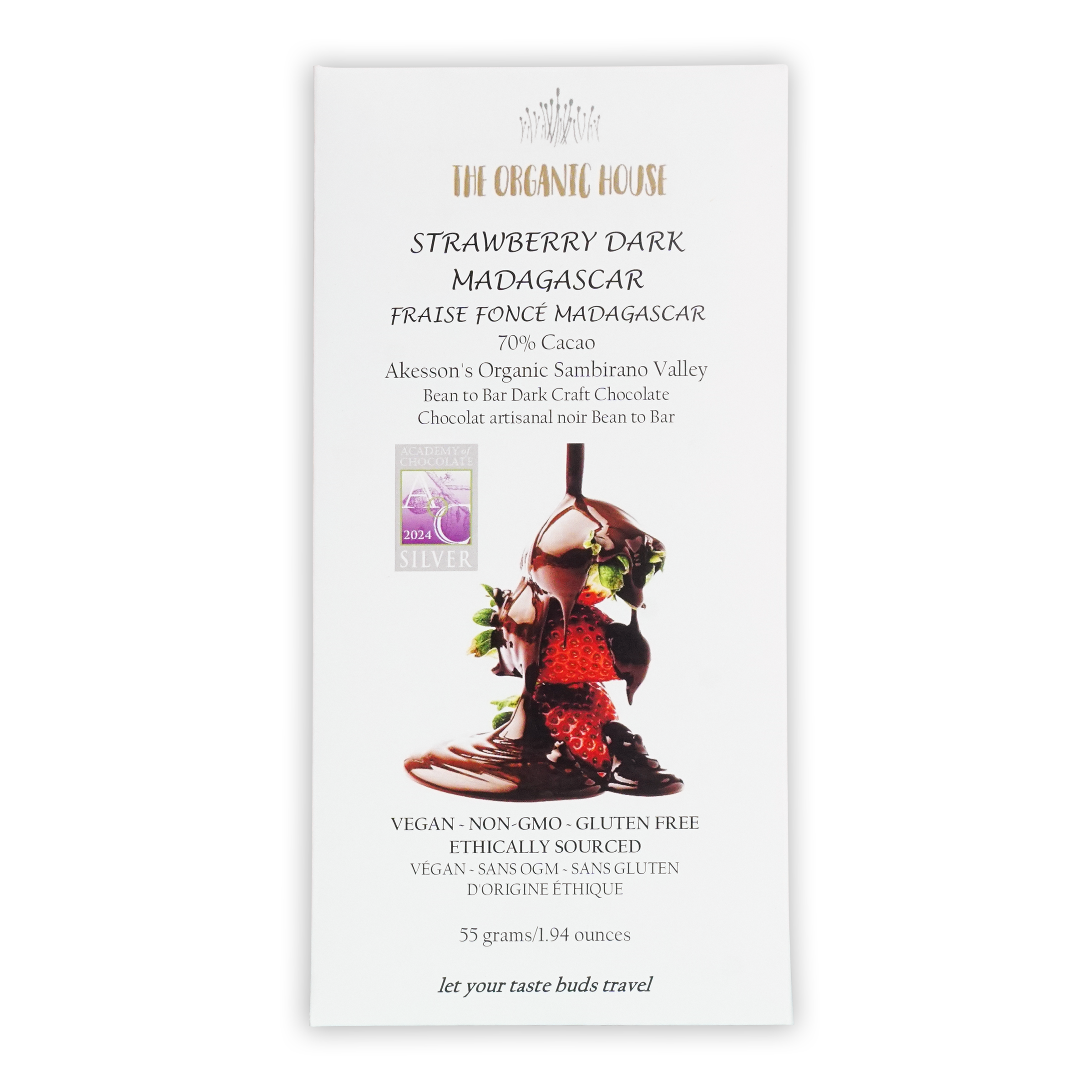 White rectangular wrapper for the organic house strawberry dark madagascar chocolate bar with strawberries and green leaves