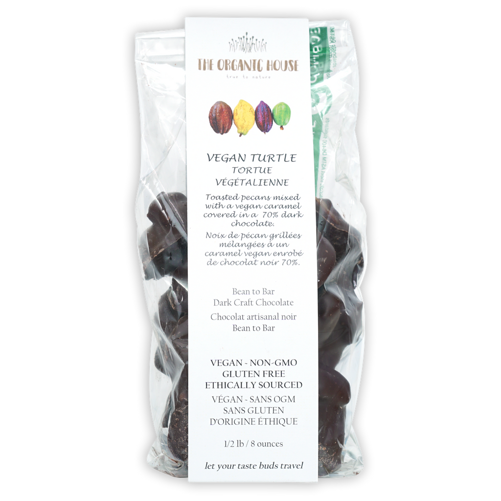 The Organic House vegan chocolate turtles with pecans and caramel, 1/2 lb