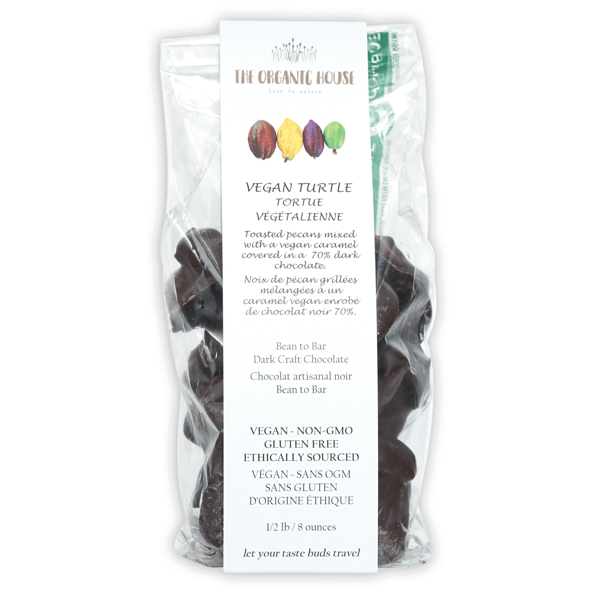 The Organic House vegan chocolate turtles with pecans and caramel, 1/2 lb