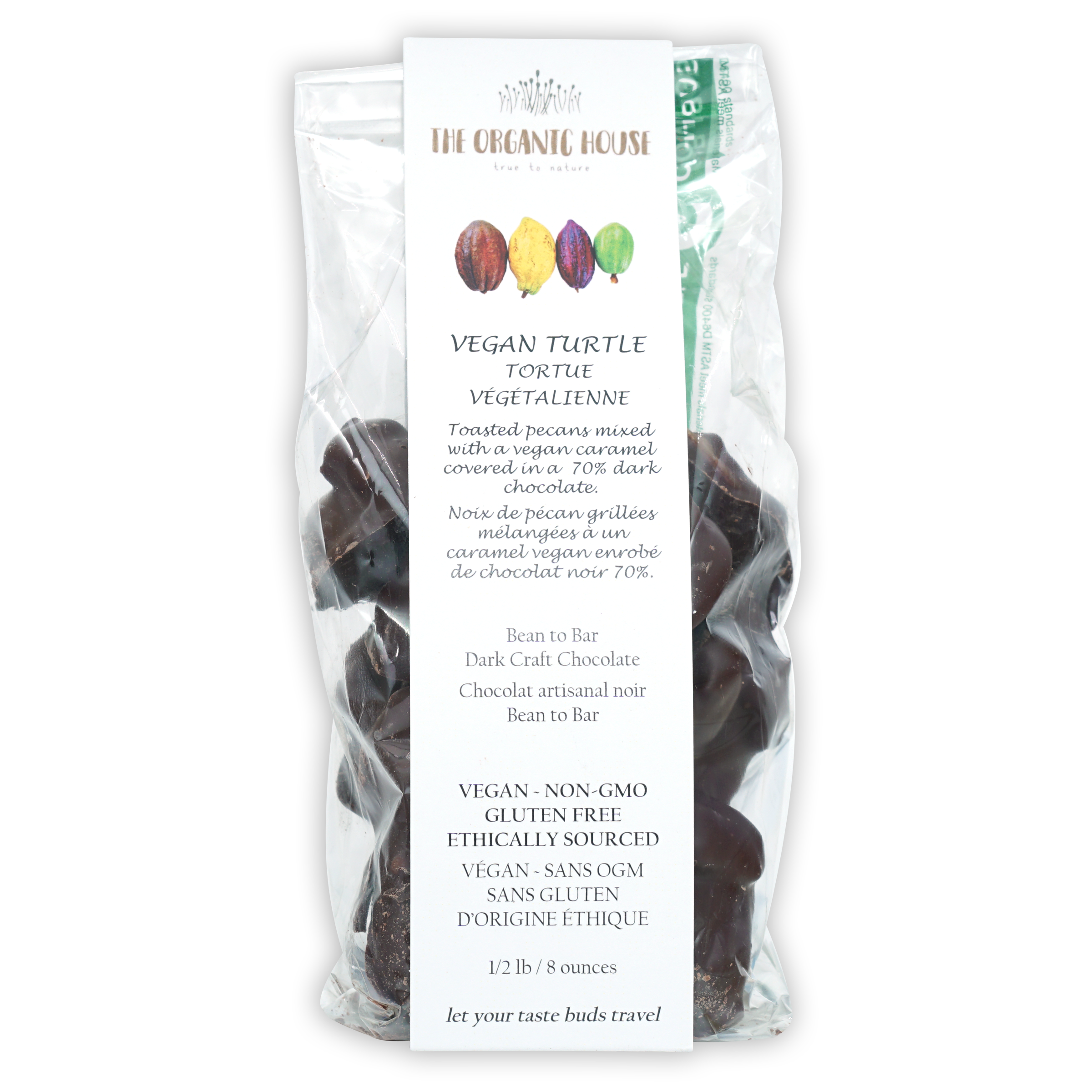 The Organic House vegan chocolate turtles with pecans and caramel, 1/2 lb