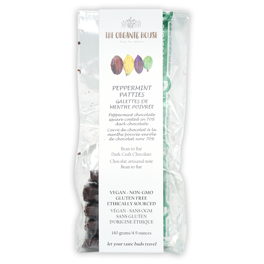 The Organic House vegan peppermint patties in 70% dark chocolate bag