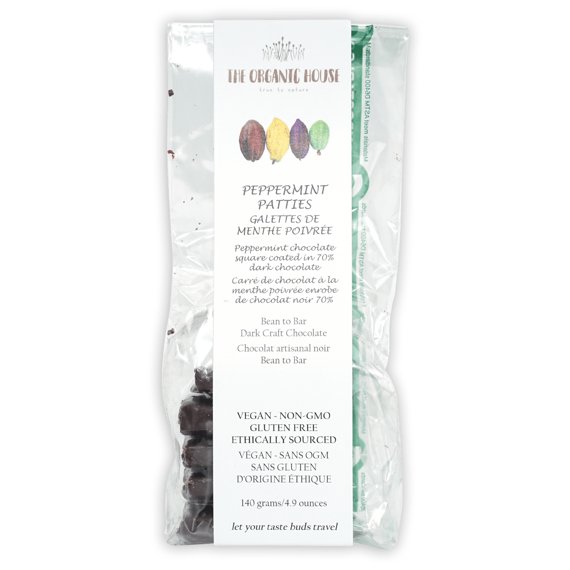 The Organic House vegan peppermint patties in 70% dark chocolate bag