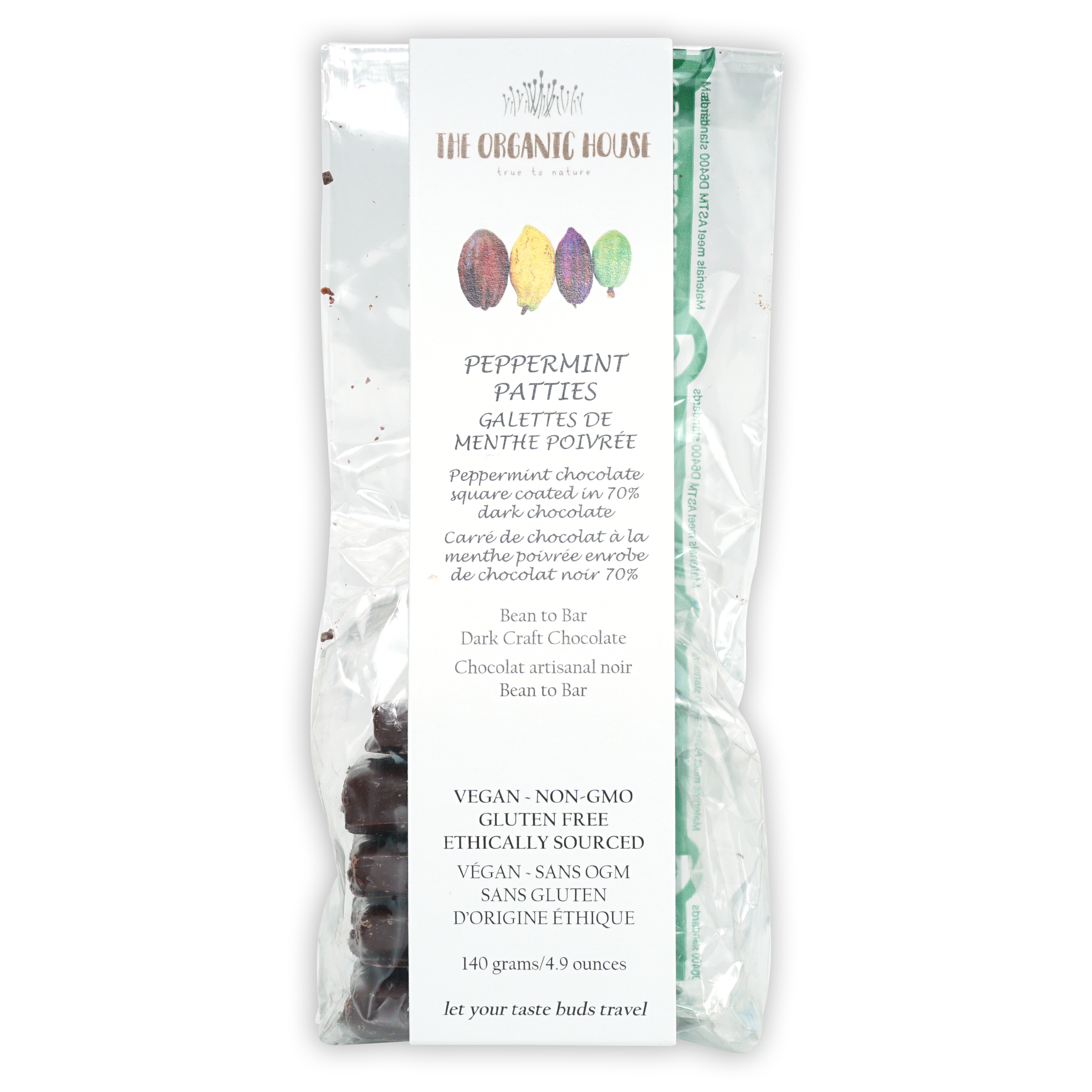 The Organic House vegan peppermint patties in 70% dark chocolate bag