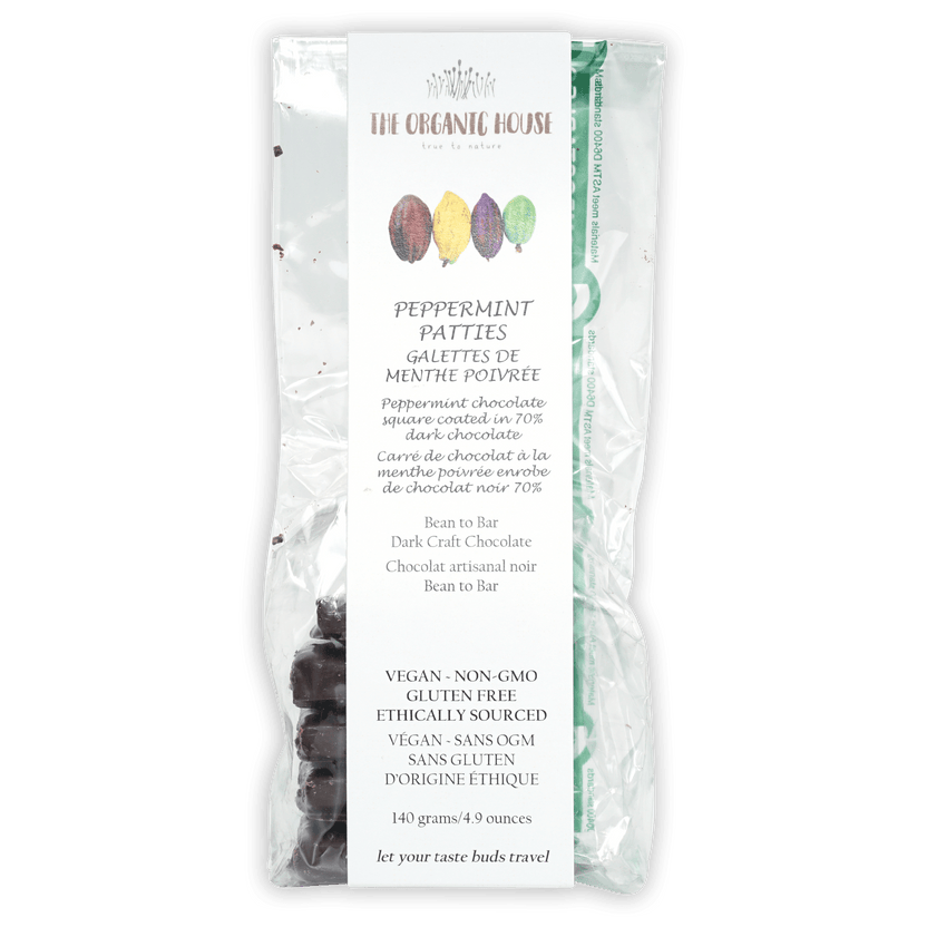The Organic House vegan peppermint patties in 70% dark chocolate bag