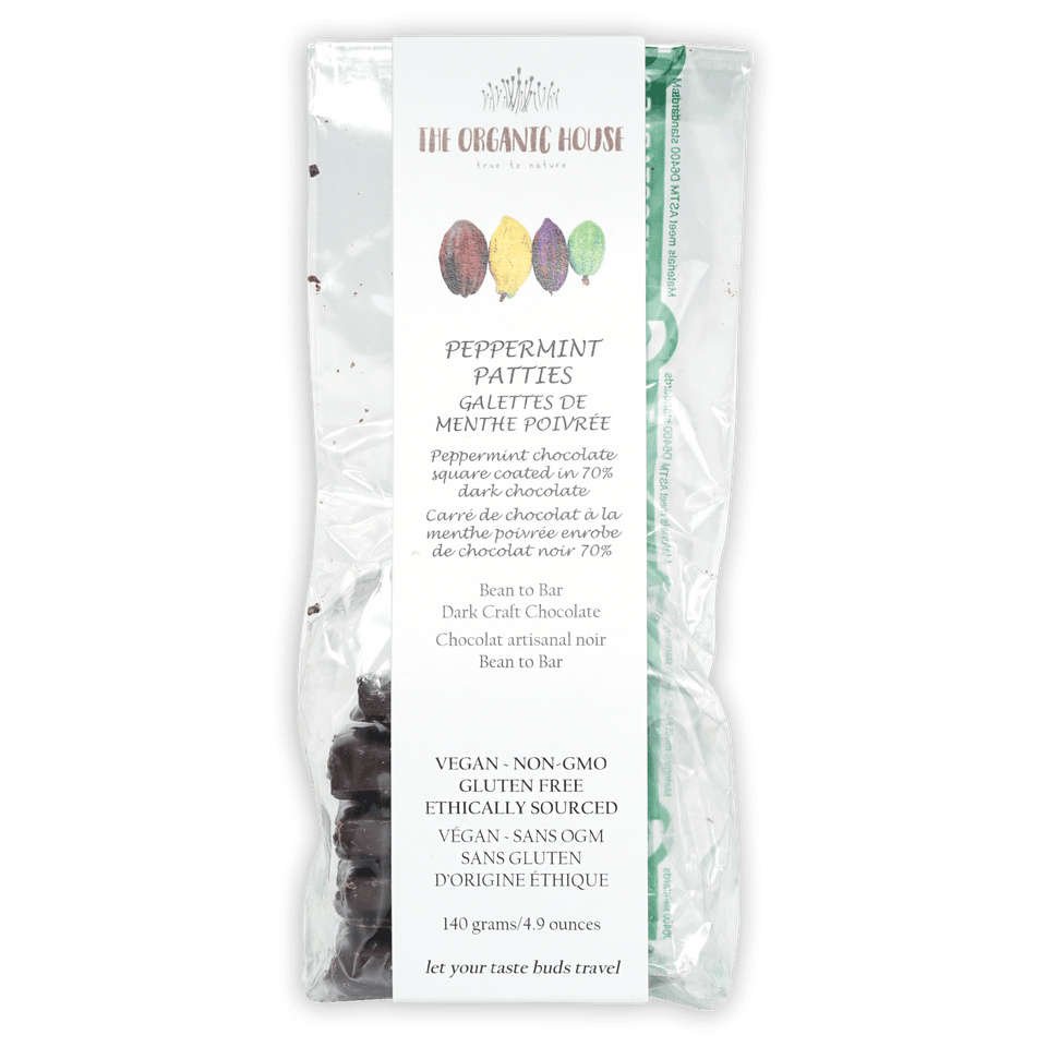 The Organic House vegan peppermint patties in 70% dark chocolate bag