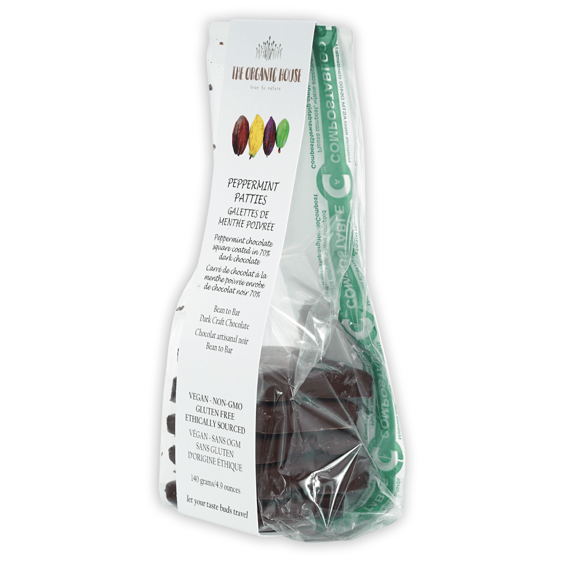 The Organic House vegan peppermint patties in clear bag with multilingual label
