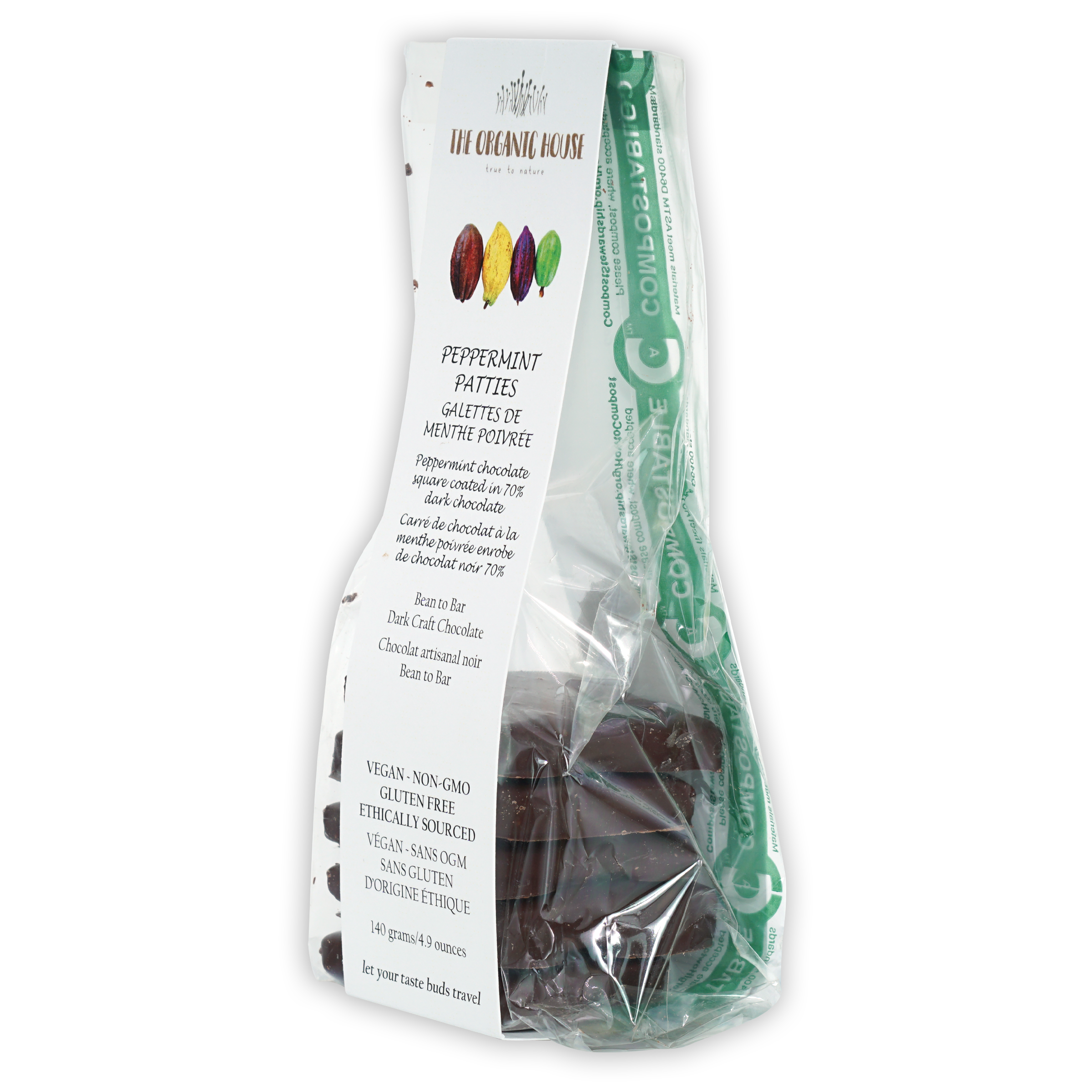 The Organic House vegan peppermint patties in clear bag with multilingual label