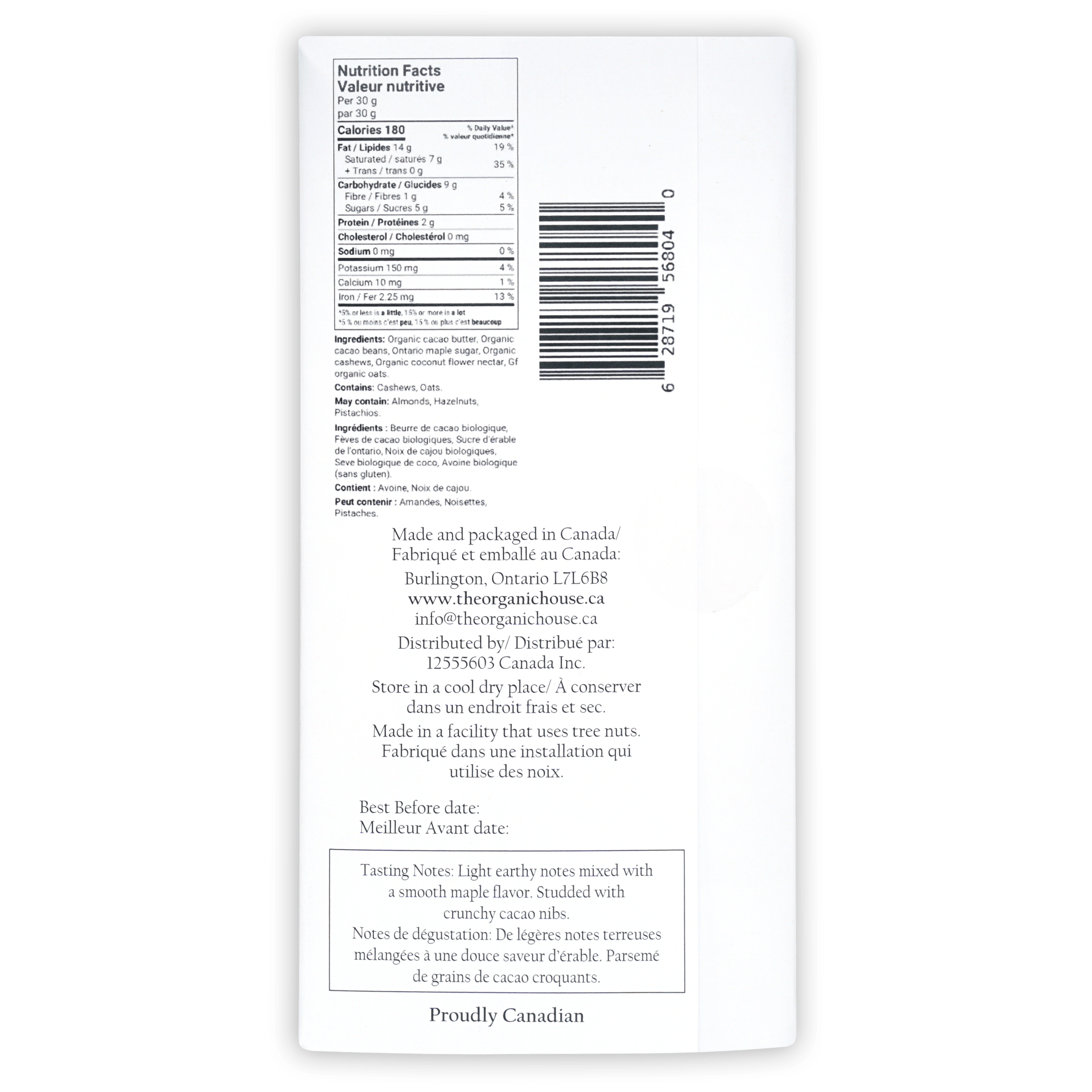 Back of The Organic House White Chocolate Cookies & Cream bar: Canadian organic nutrition label
