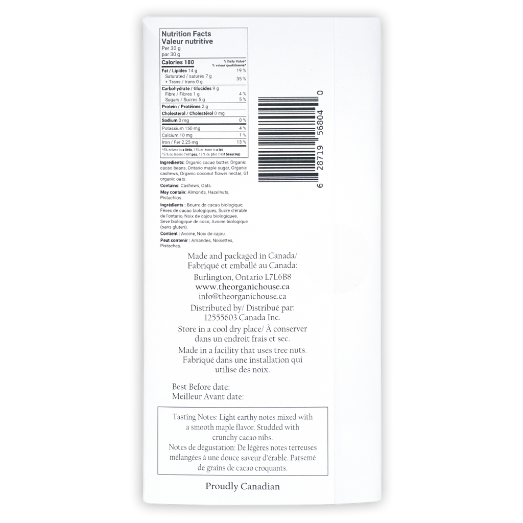 Back of The Organic House White Chocolate Cookies & Cream bar: Canadian organic nutrition label