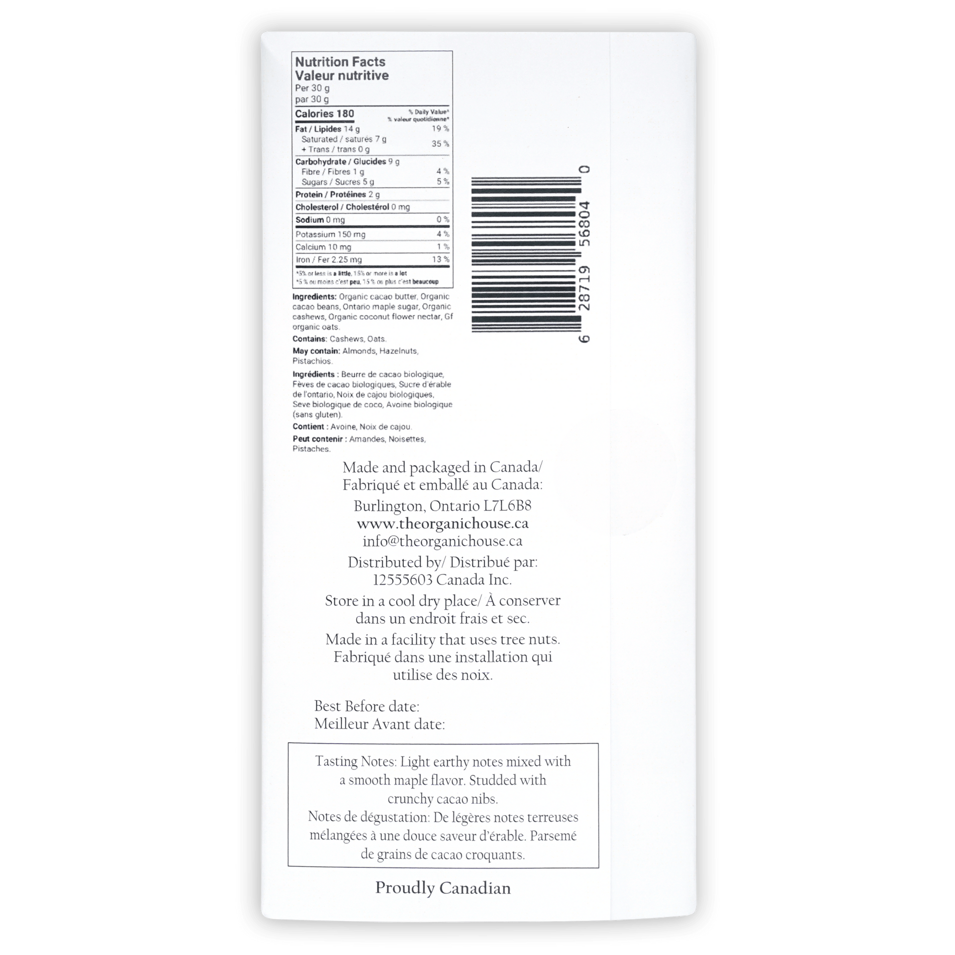 Back of The Organic House White Chocolate Cookies & Cream bar: Canadian organic nutrition label