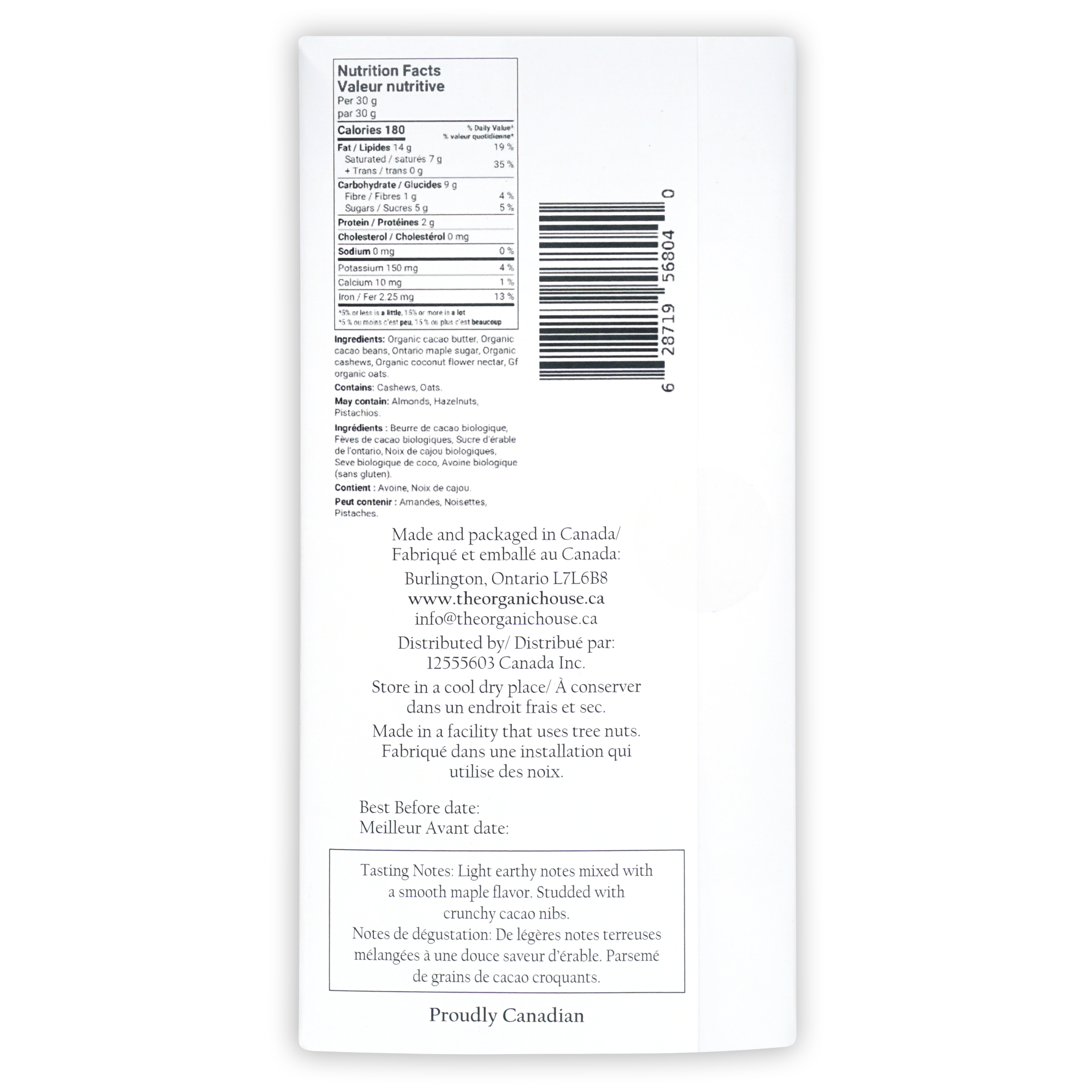 Back of The Organic House White Chocolate Cookies & Cream bar: Canadian organic nutrition label