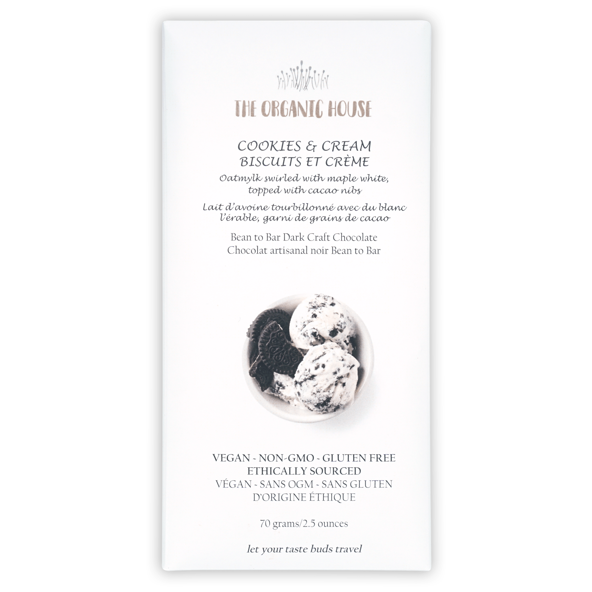 The Organic House white chocolate cookies and cream bar wrapper with ice cream scoops photo