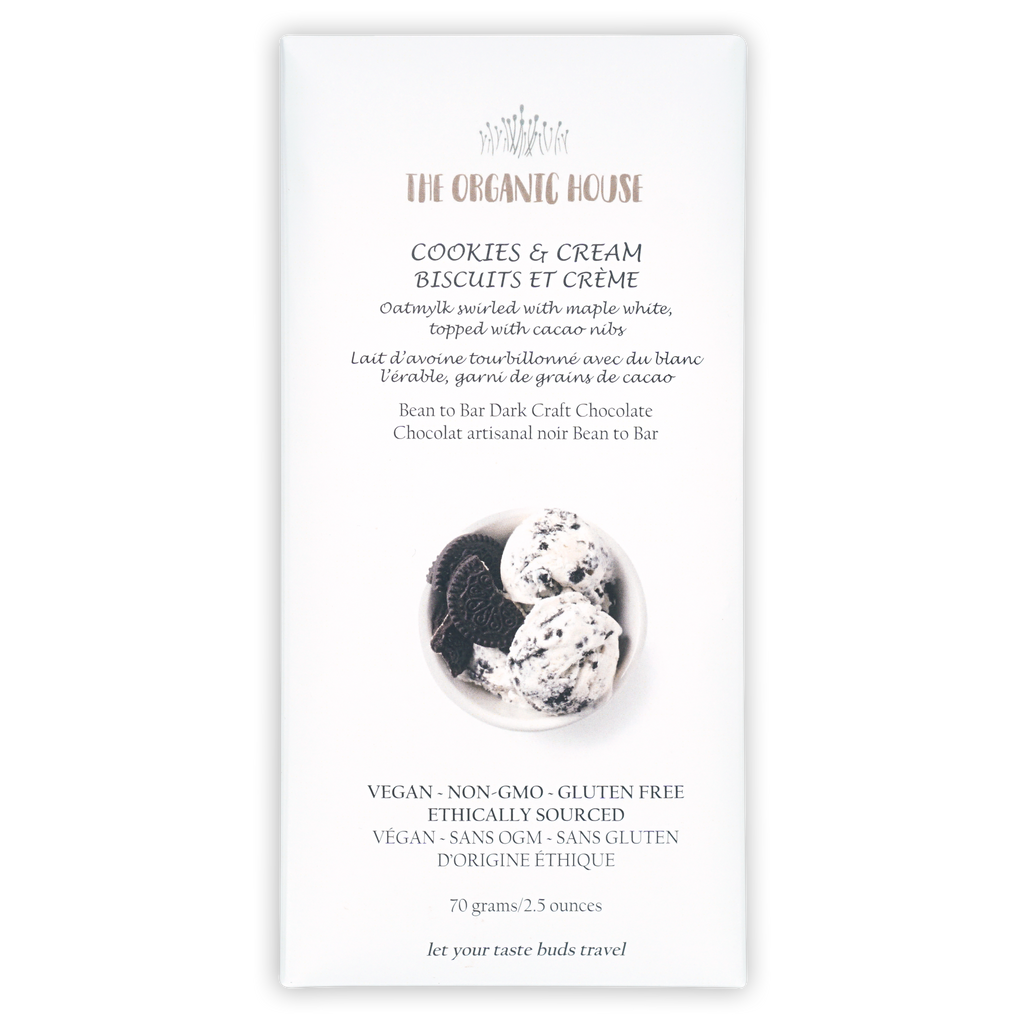 The Organic House white chocolate cookies and cream bar wrapper with ice cream scoops photo