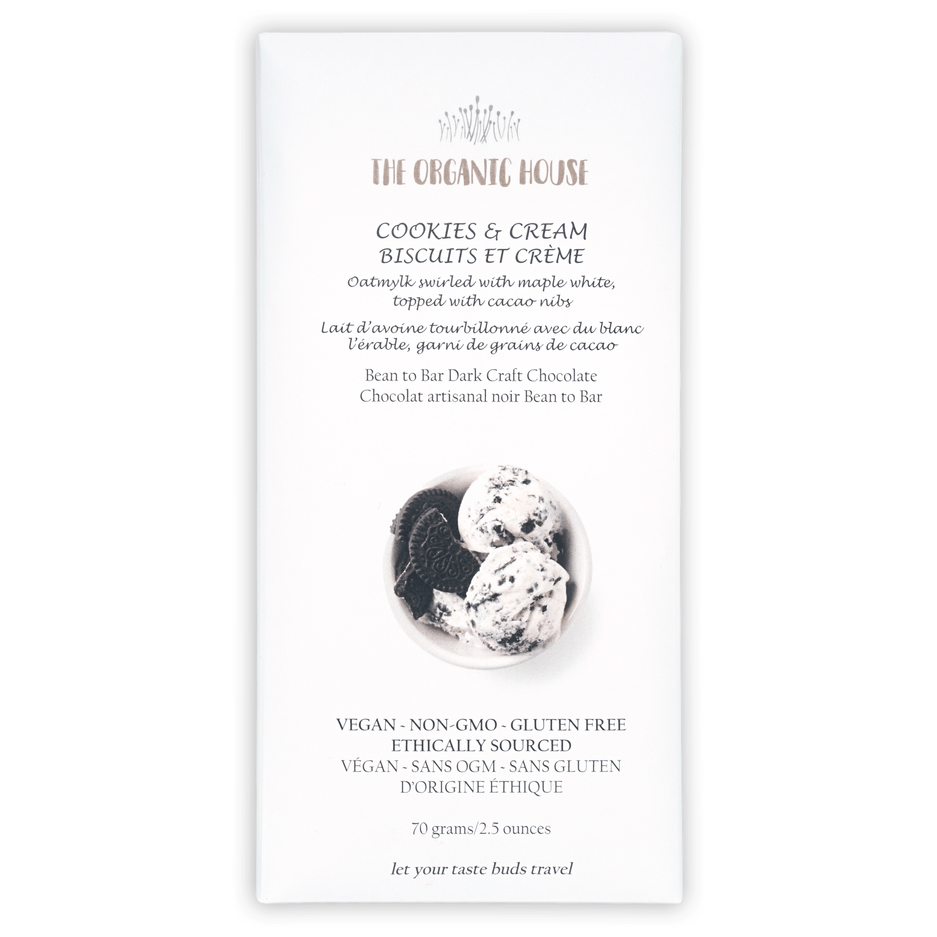 The Organic House white chocolate cookies and cream bar wrapper with ice cream scoops photo