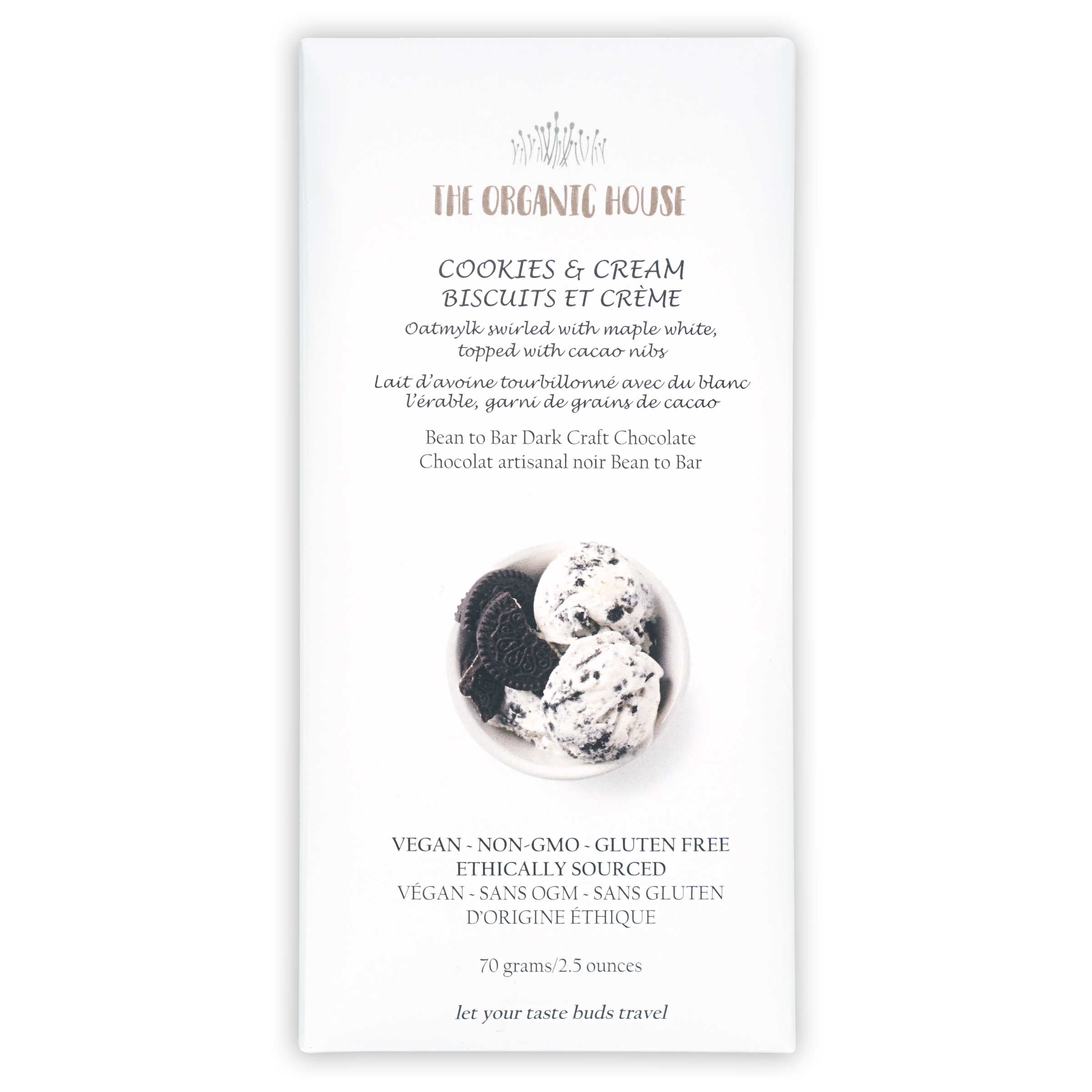 The Organic House white chocolate cookies and cream bar wrapper with ice cream scoops photo