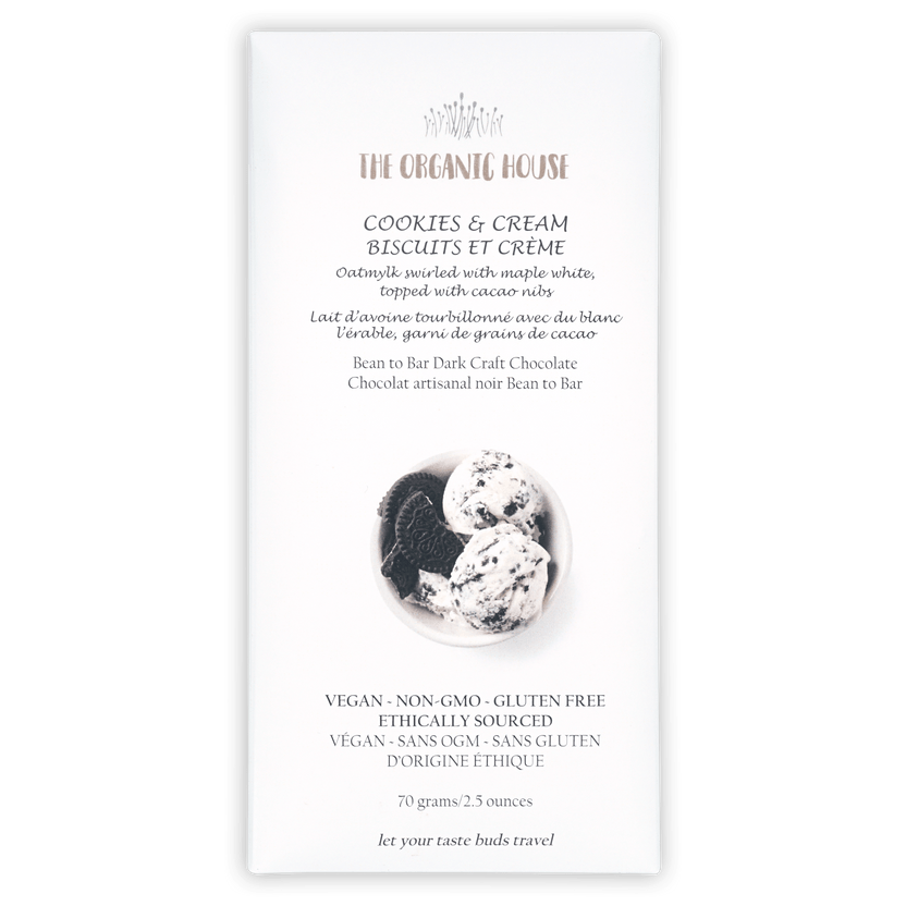 The Organic House white chocolate cookies and cream bar wrapper with ice cream scoops photo