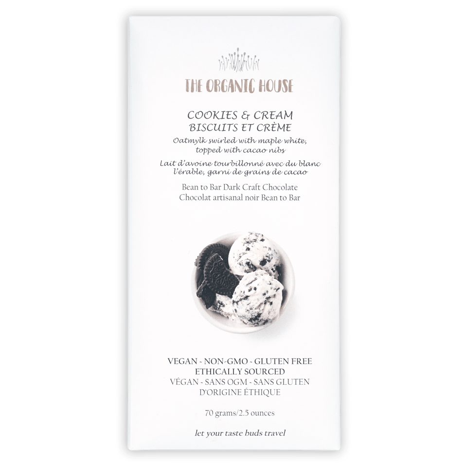 The Organic House white chocolate cookies and cream bar wrapper with ice cream scoops photo