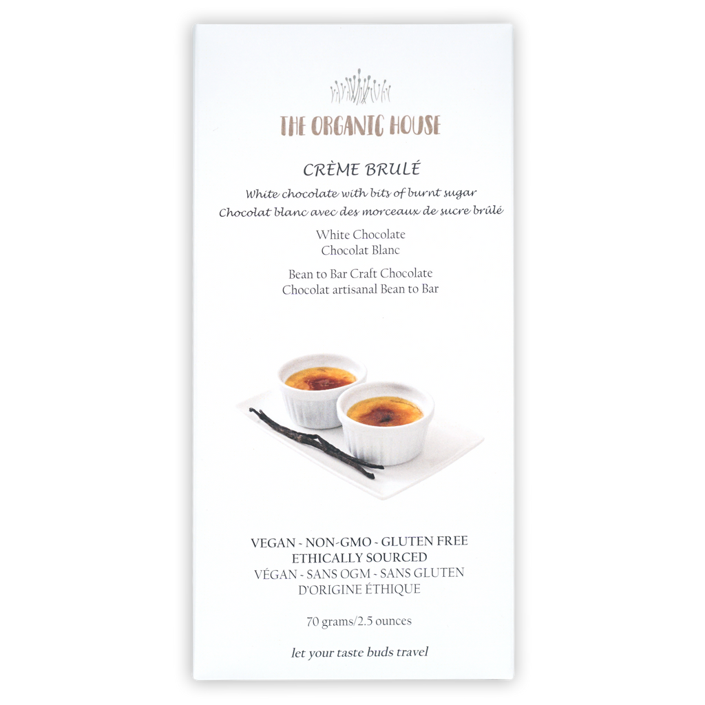 The Organic House white chocolate creme brulee bar with ramekins