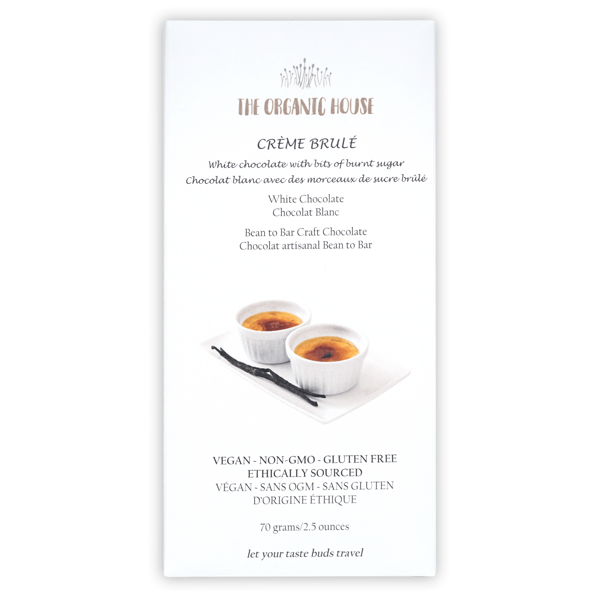 The Organic House white chocolate creme brulee bar with ramekins