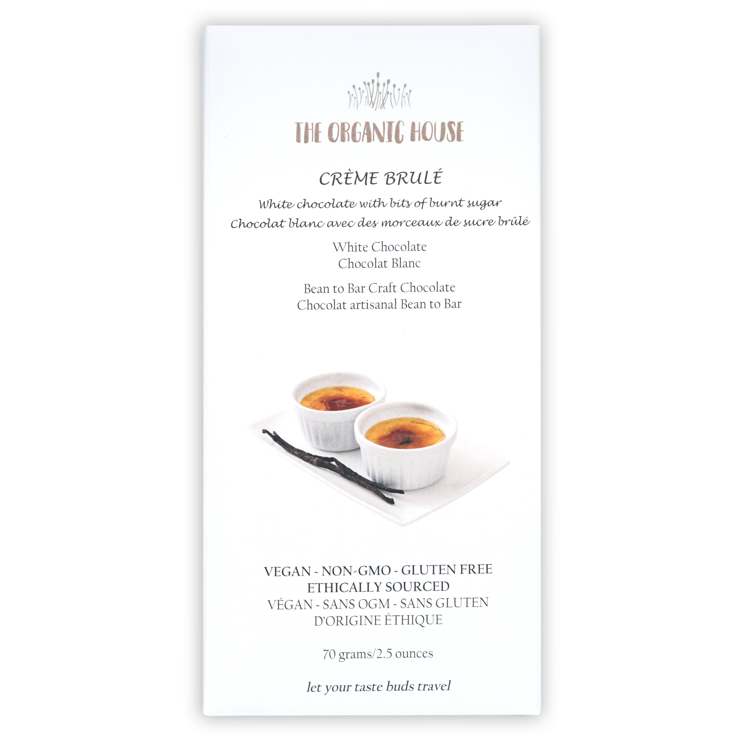 The Organic House white chocolate creme brulee bar with ramekins