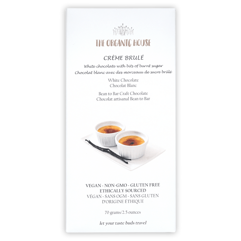The Organic House white chocolate creme brulee bar with ramekins