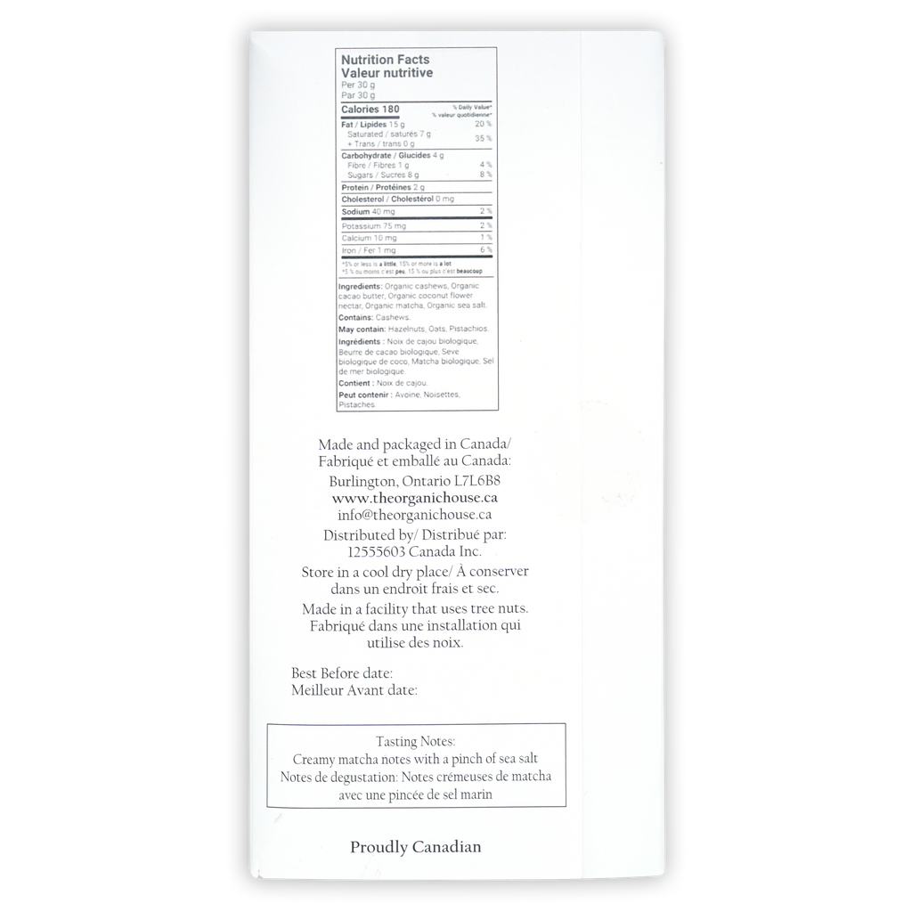 Back of The Organic House White Chocolate w/ Matcha Latte: organic matcha powder package with bilingual nutrition facts and tasting notes