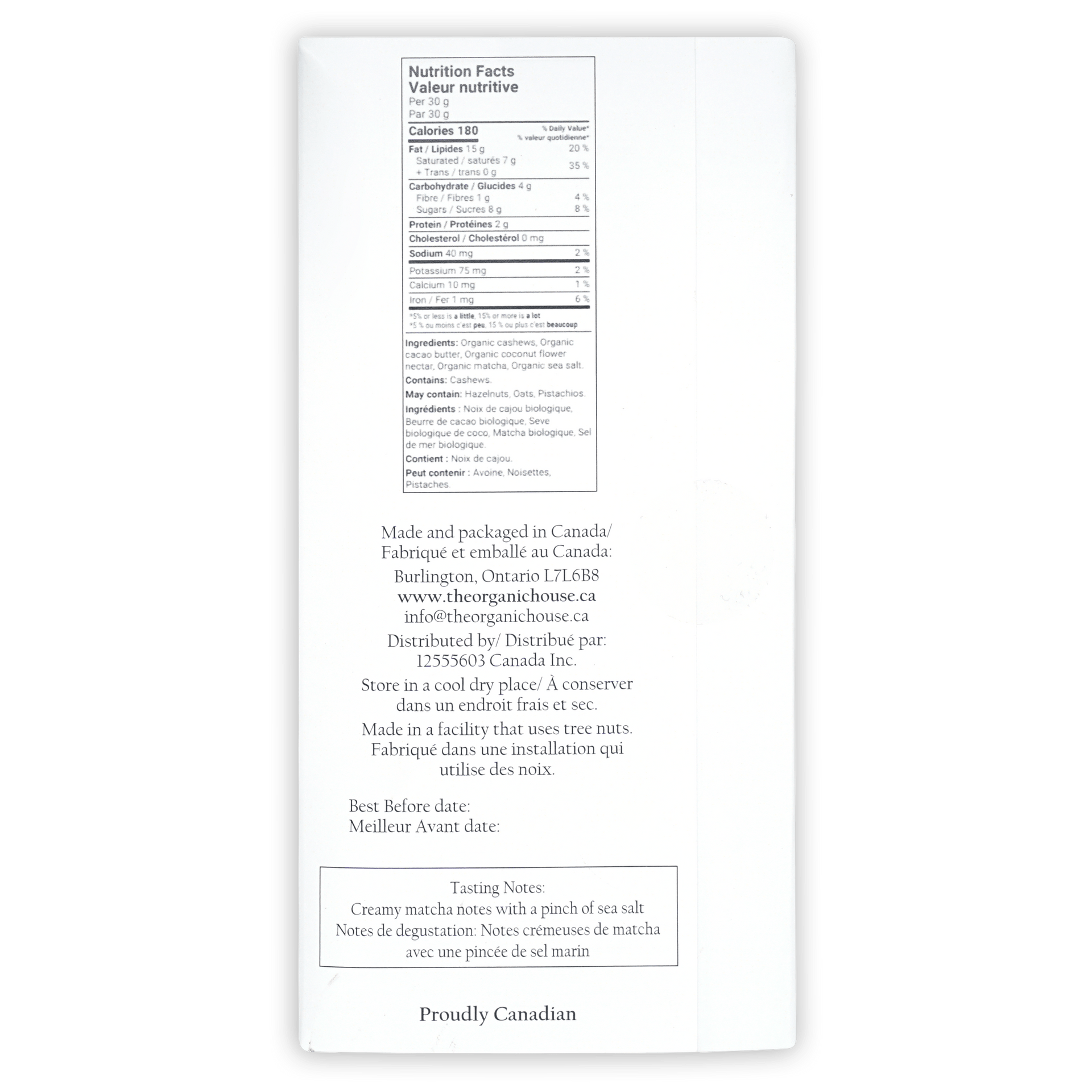 Back of The Organic House White Chocolate w/ Matcha Latte: organic matcha powder package with bilingual nutrition facts and tasting notes