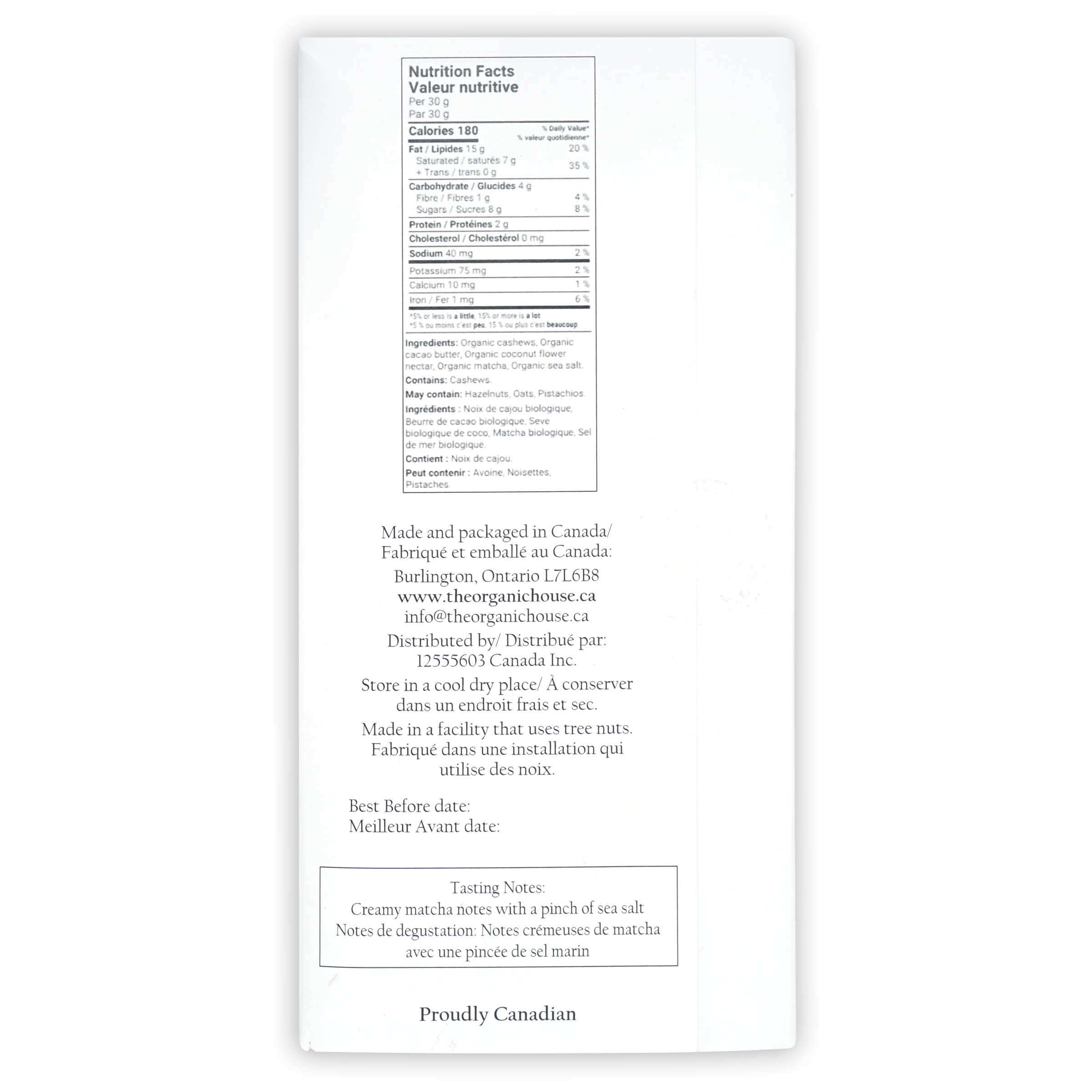 Back of The Organic House White Chocolate w/ Matcha Latte: organic matcha powder package with bilingual nutrition facts and tasting notes