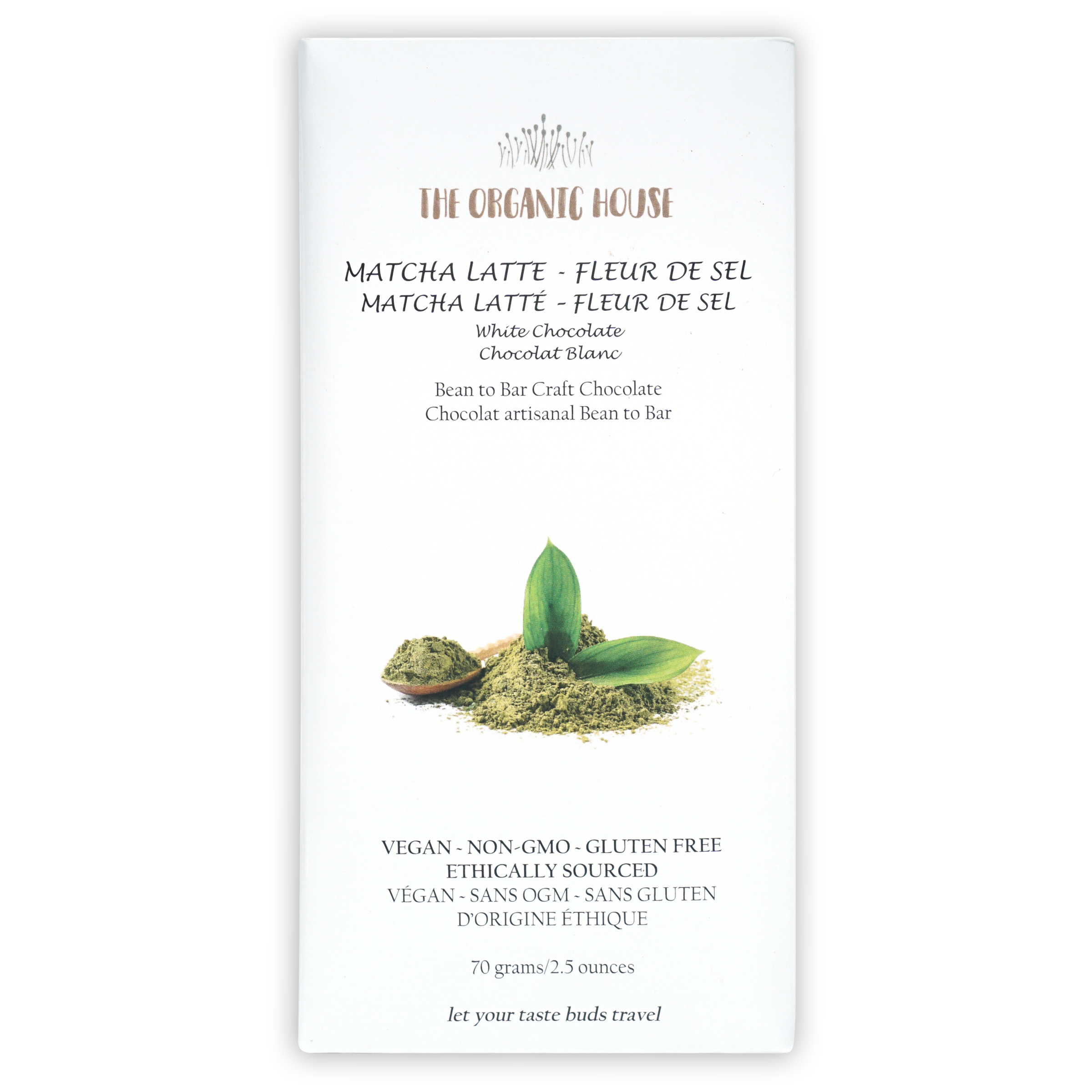The Organic House white chocolate bar with matcha latte and fleur de sel