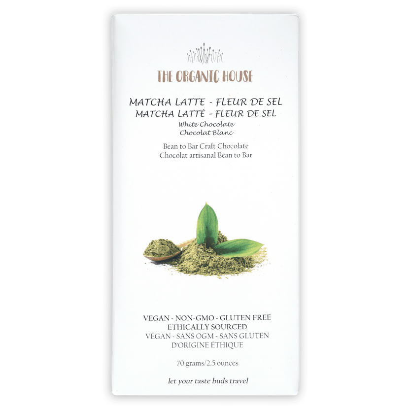 The Organic House white chocolate bar with matcha latte and fleur de sel