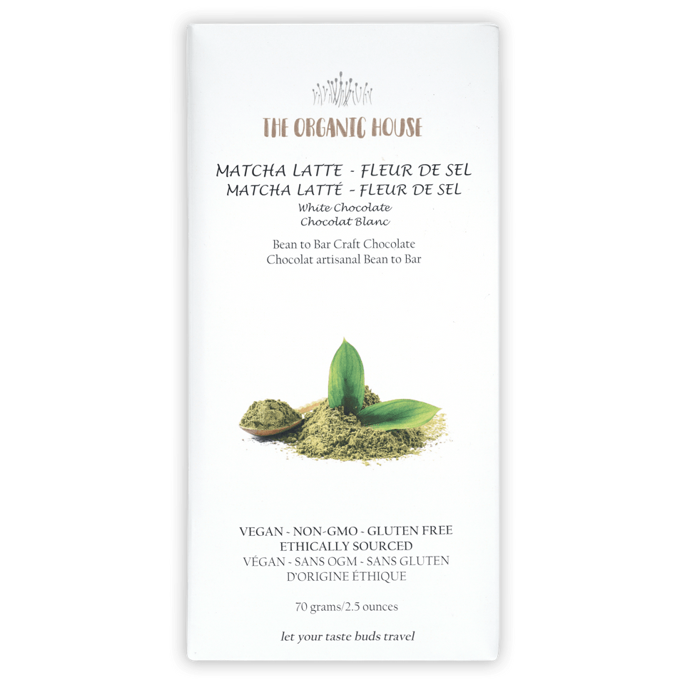 The Organic House white chocolate bar with matcha latte and fleur de sel