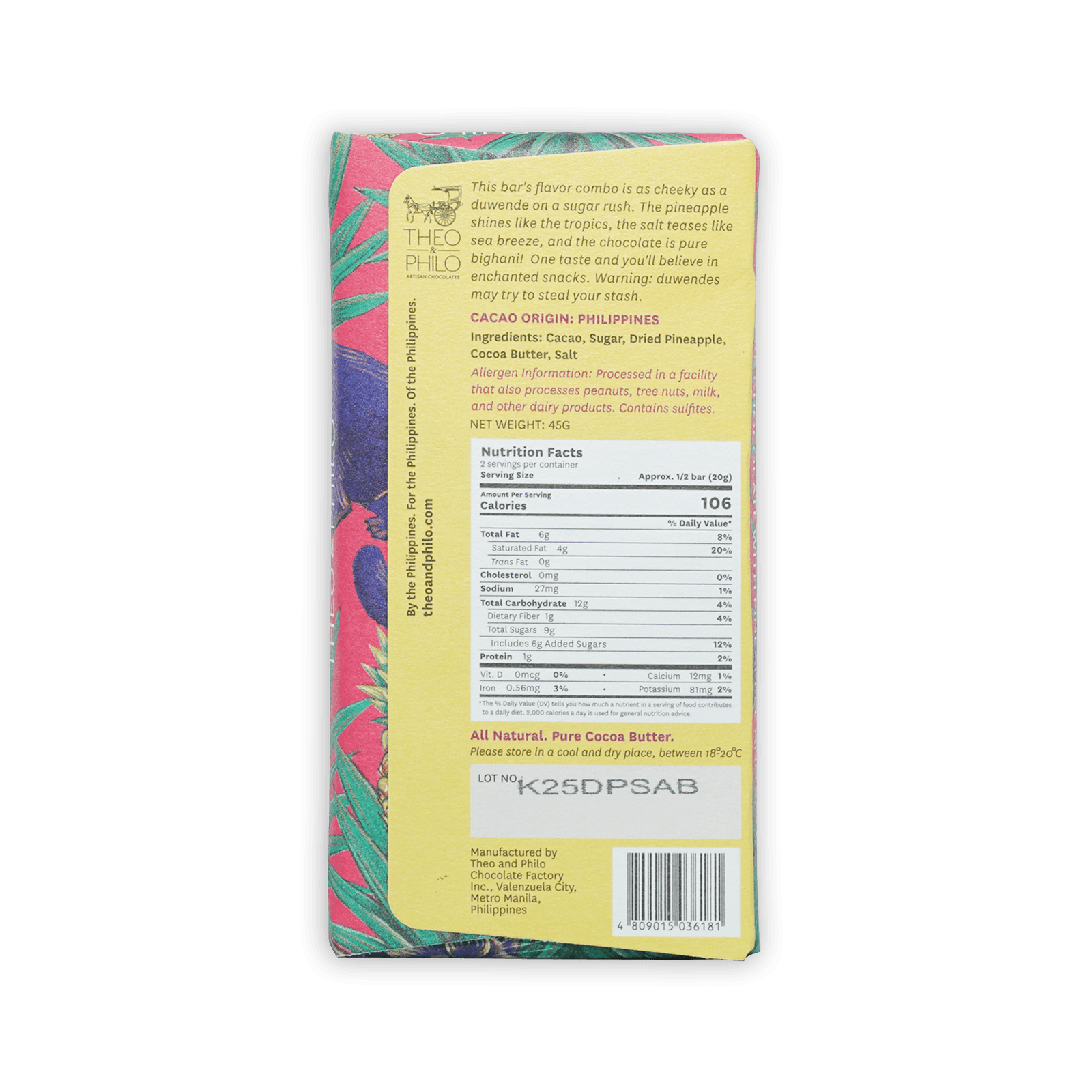 Theo & Philo dark chocolate with pineapple and salt 65% wrapper