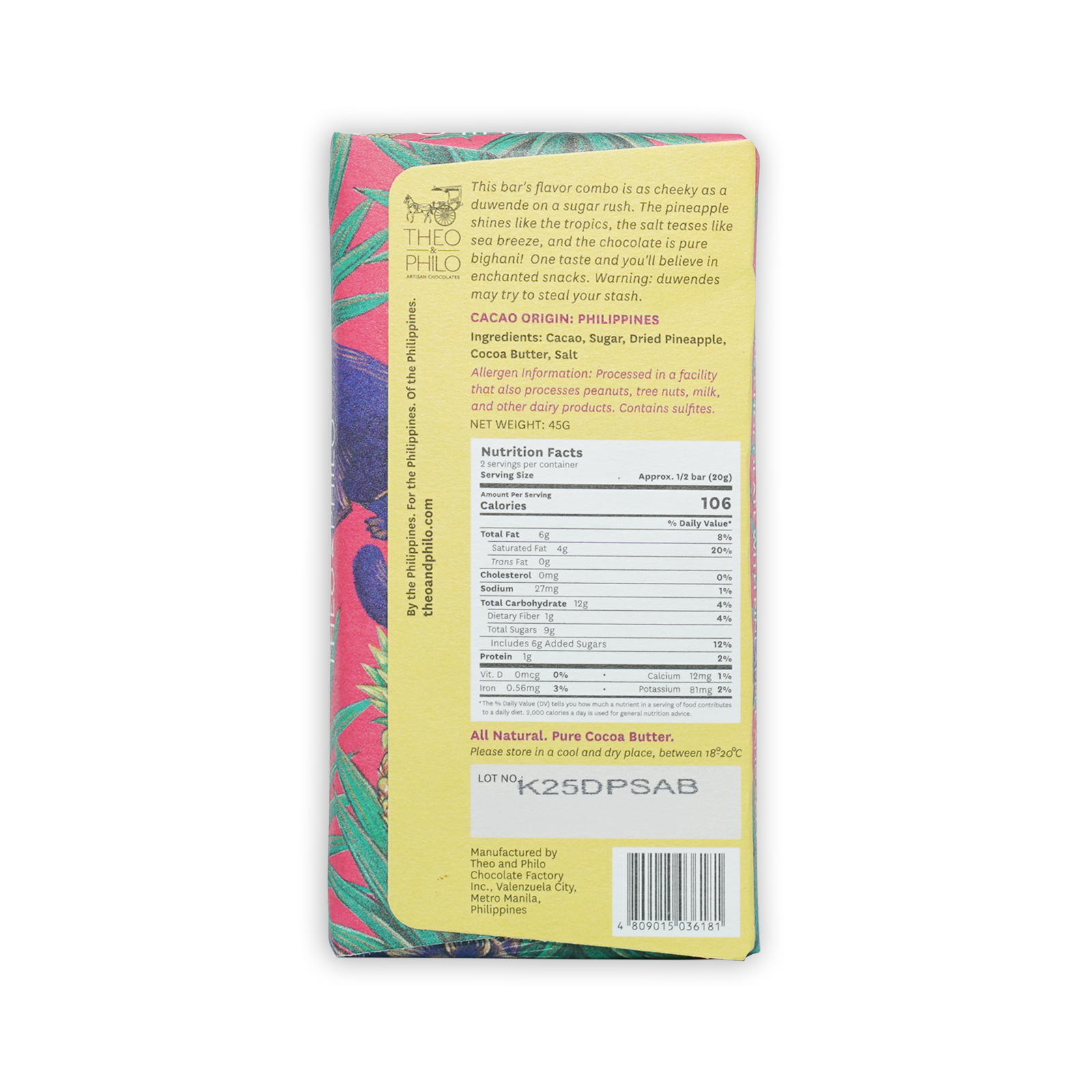 Theo & Philo dark chocolate with pineapple and salt 65% wrapper
