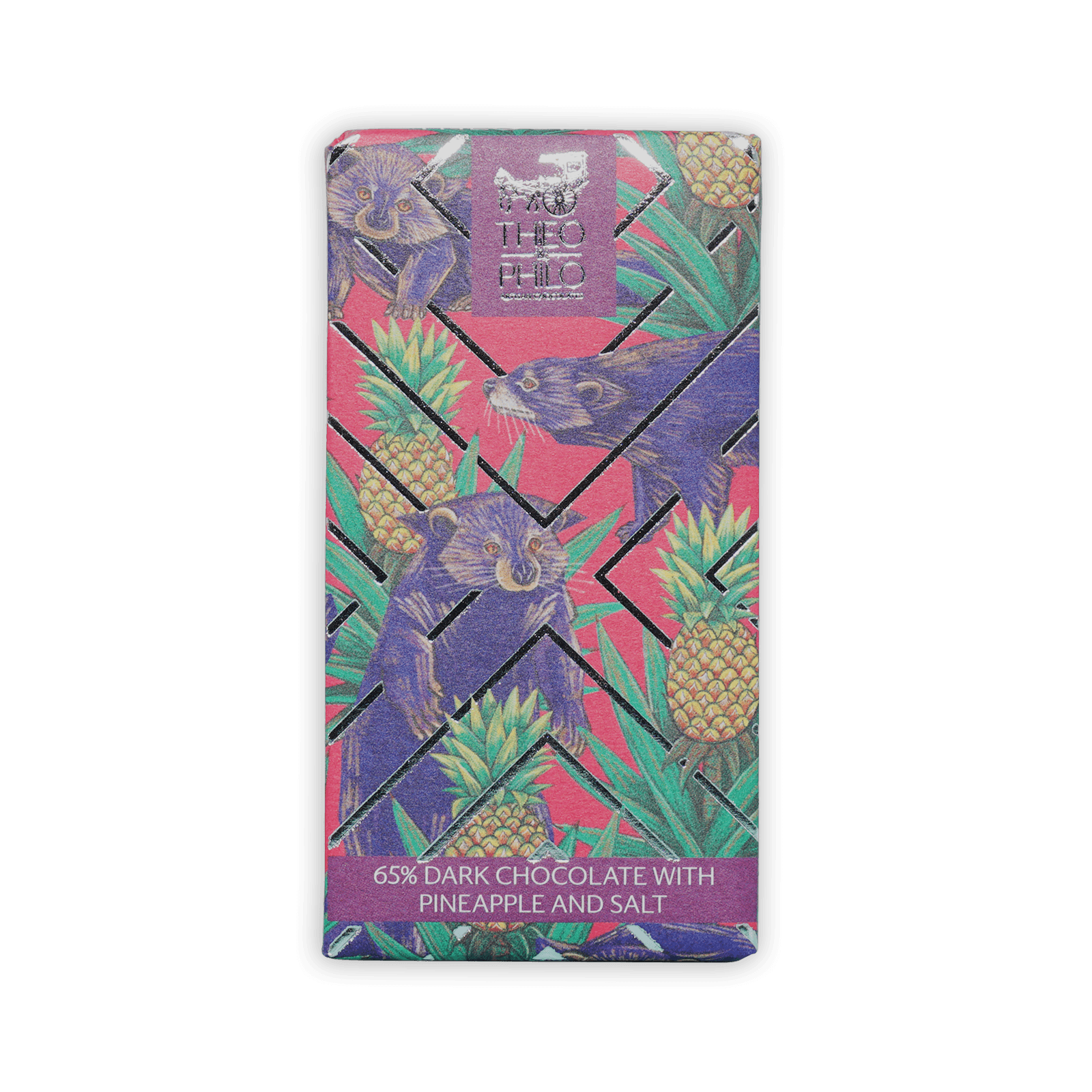 Theo & Philo 65% dark chocolate bar with pineapple salt pink purple raccoon design