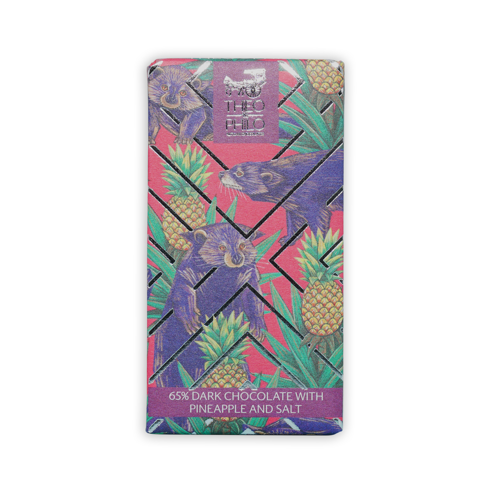 Theo & Philo 65% dark chocolate bar with pineapple salt pink purple raccoon design