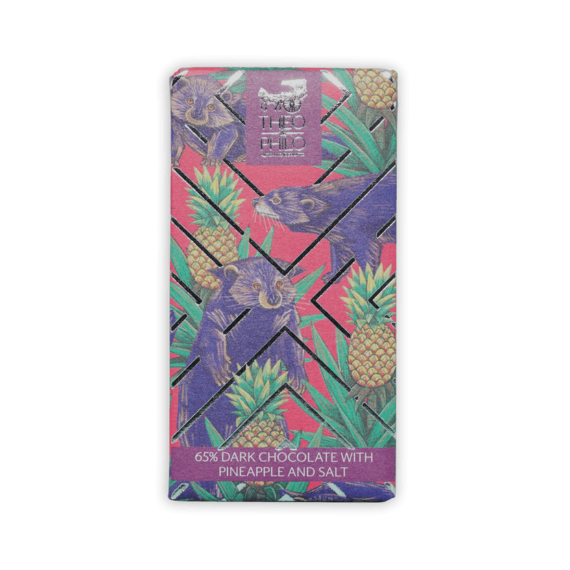 Theo & Philo 65% dark chocolate bar with pineapple salt pink purple raccoon design