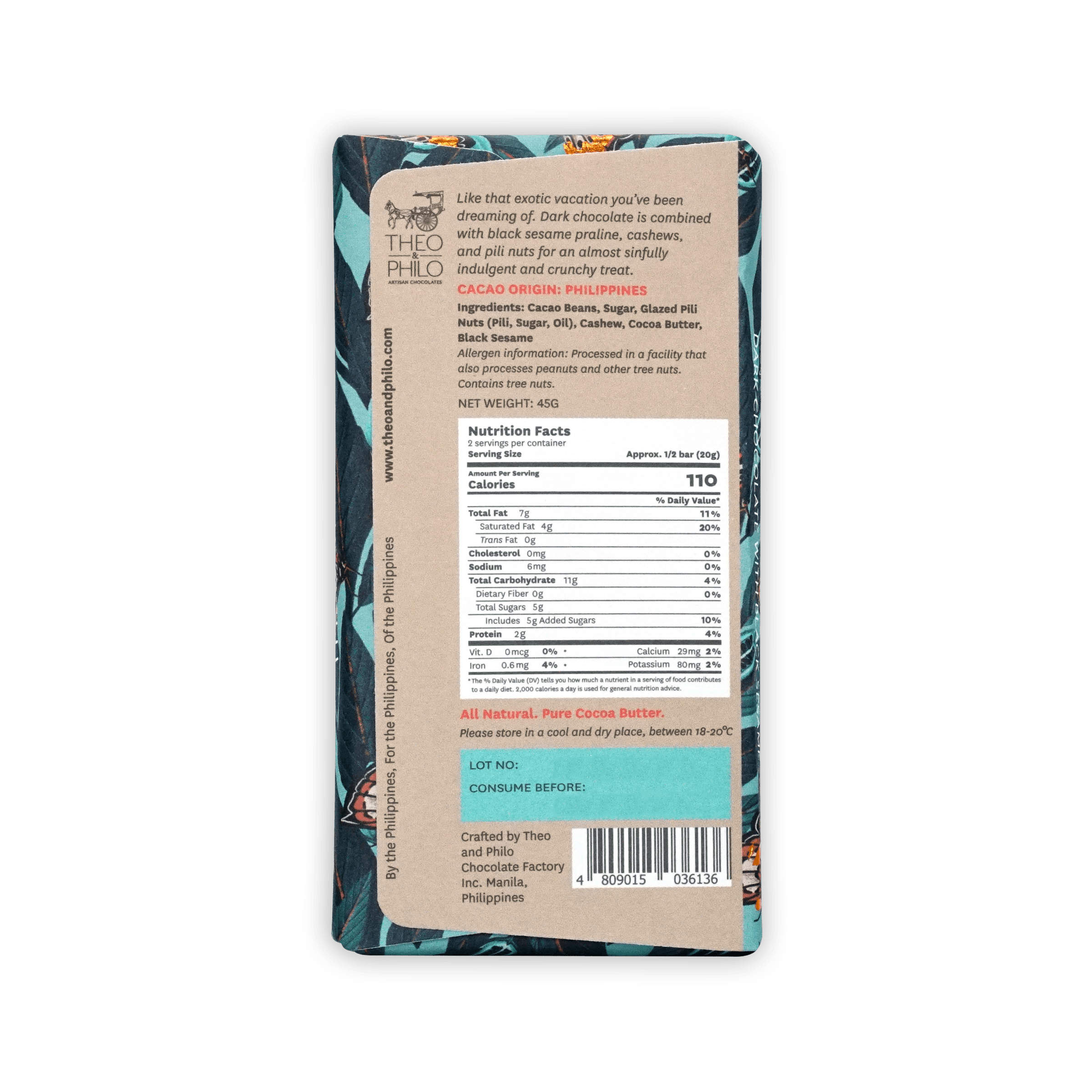 Theo & Philo Dark Chocolate w/ Black Sesame 65% wrapper from Philippines