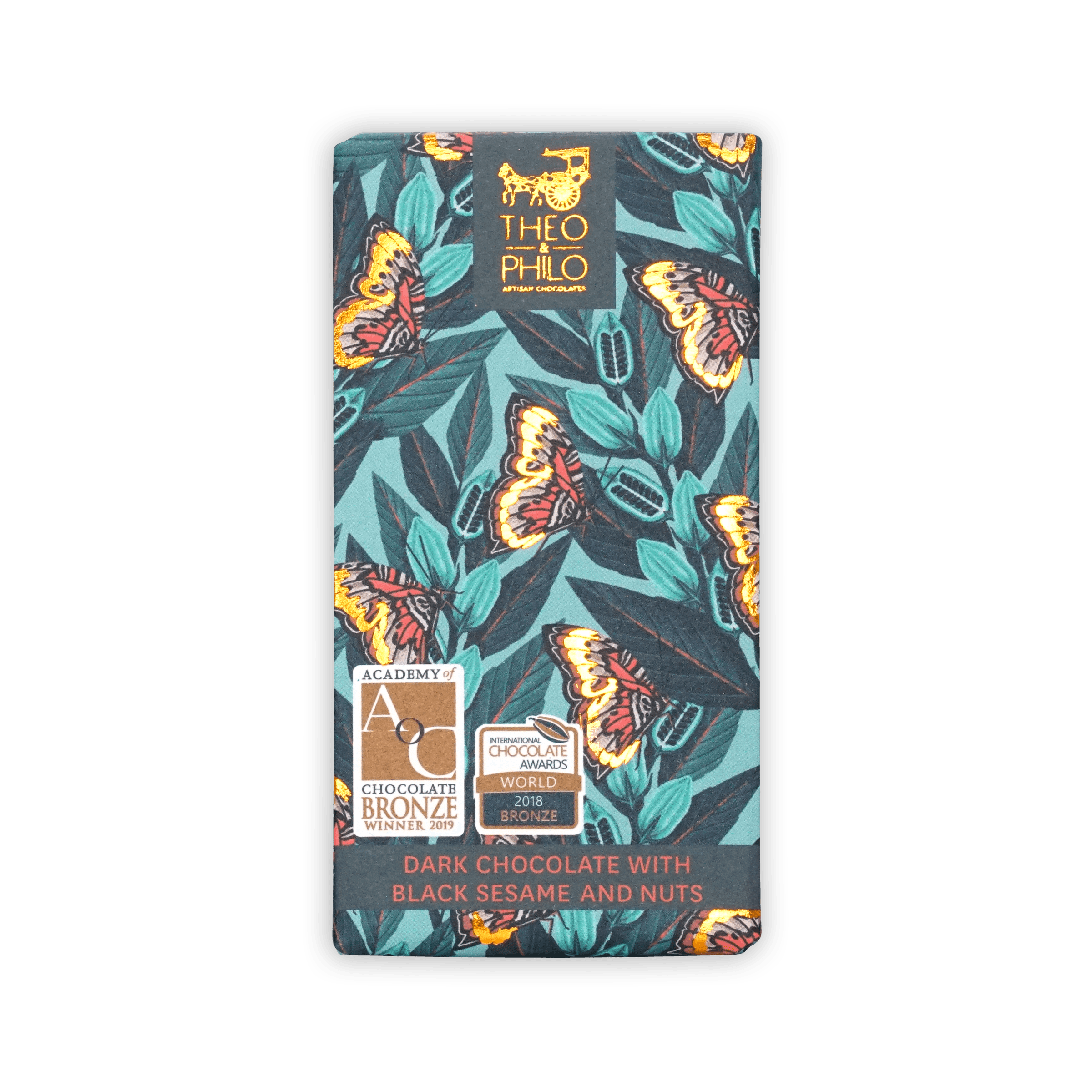 Theo & Philo 65% dark chocolate bar with black sesame & nuts, teal wrapper