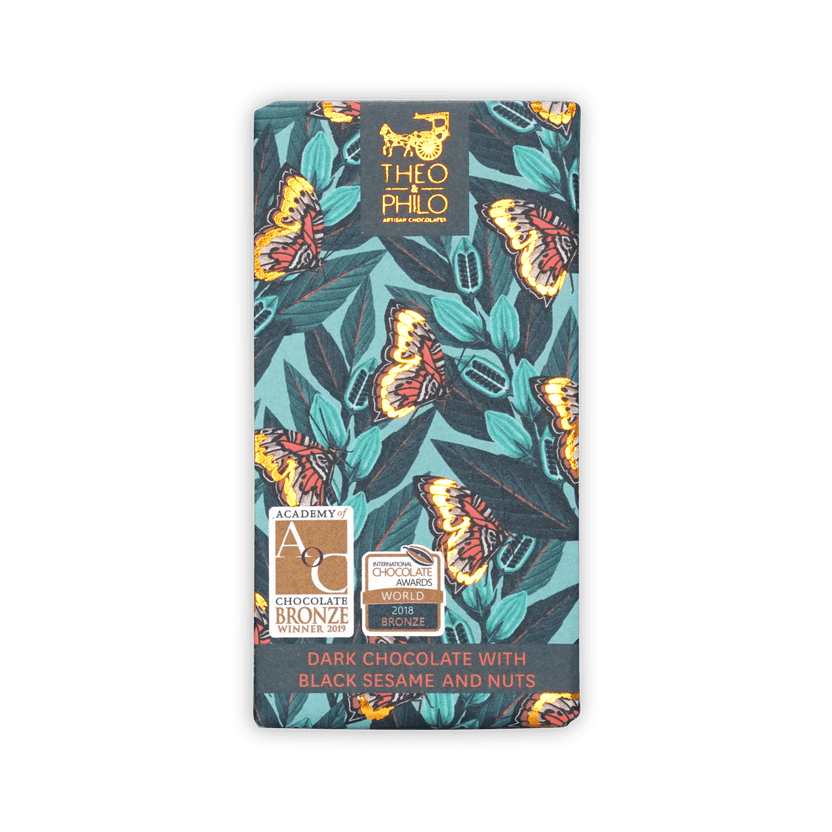 Theo & Philo 65% dark chocolate bar with black sesame & nuts, teal wrapper